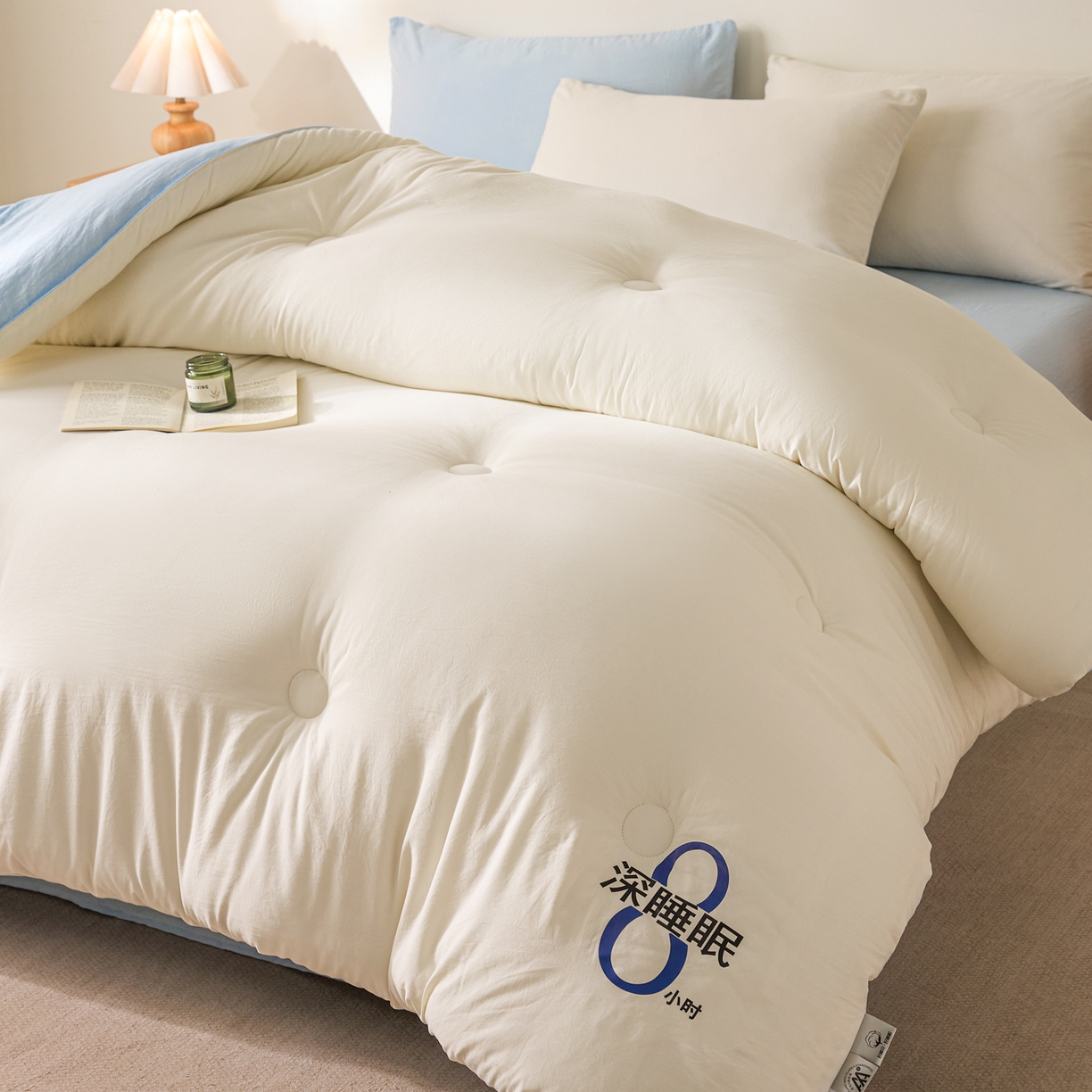91家纺网 家纺一手货源 找家纺 芬晴家纺 2026春夏新款A类纯色棉花被冬被被子被芯 深睡眠-白蓝