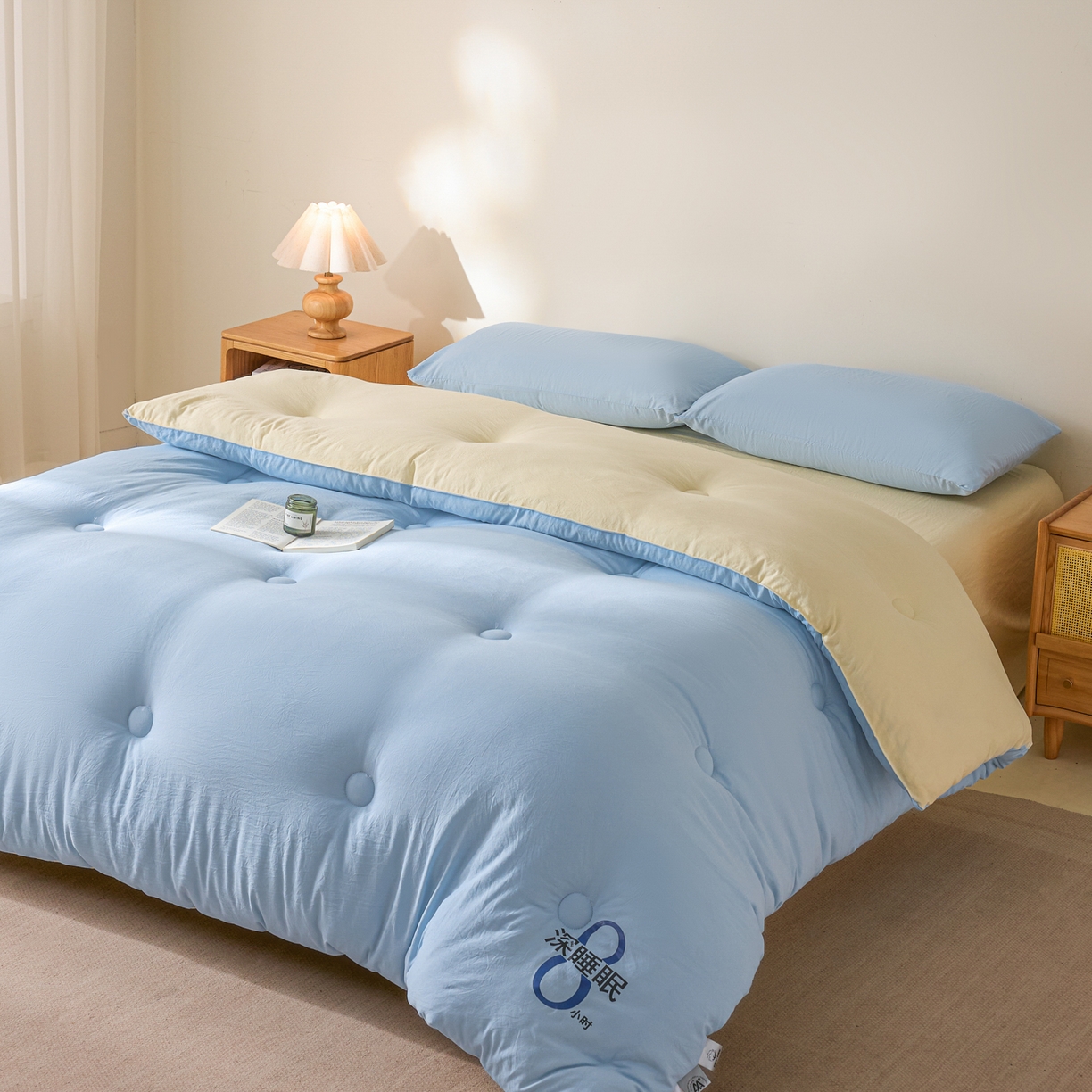 91家纺网 家纺一手货源 找家纺 芬晴家纺 2026春夏新款A类纯色棉花被冬被被子被芯 深睡眠-米黄蓝