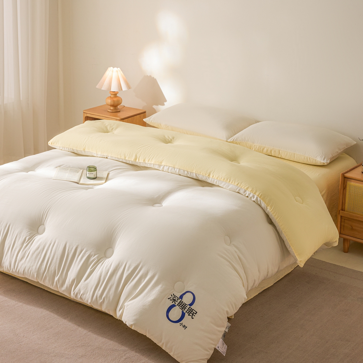 91家纺网 家纺一手货源 找家纺 芬晴家纺 2026春夏新款A类纯色棉花被冬被被子被芯 深睡眠-白+米