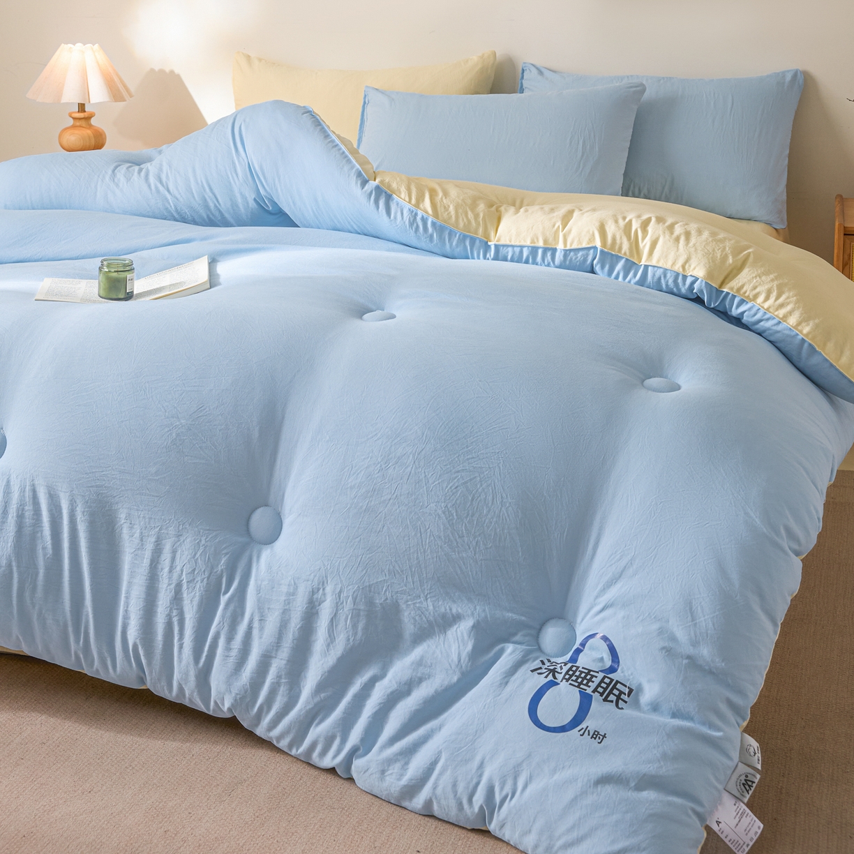 91家纺网 家纺一手货源 找家纺 芬晴家纺 2026春夏新款A类纯色棉花被冬被被子被芯 深睡眠-米黄蓝