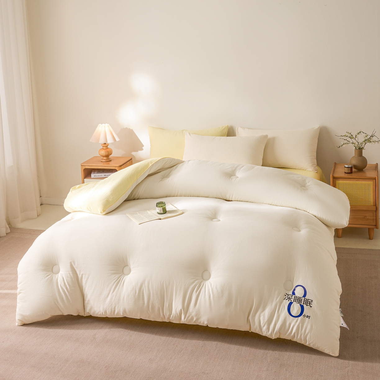 91家纺网 家纺一手货源 找家纺 芬晴家纺 2026春夏新款A类纯色棉花被冬被被子被芯 深睡眠-白+米