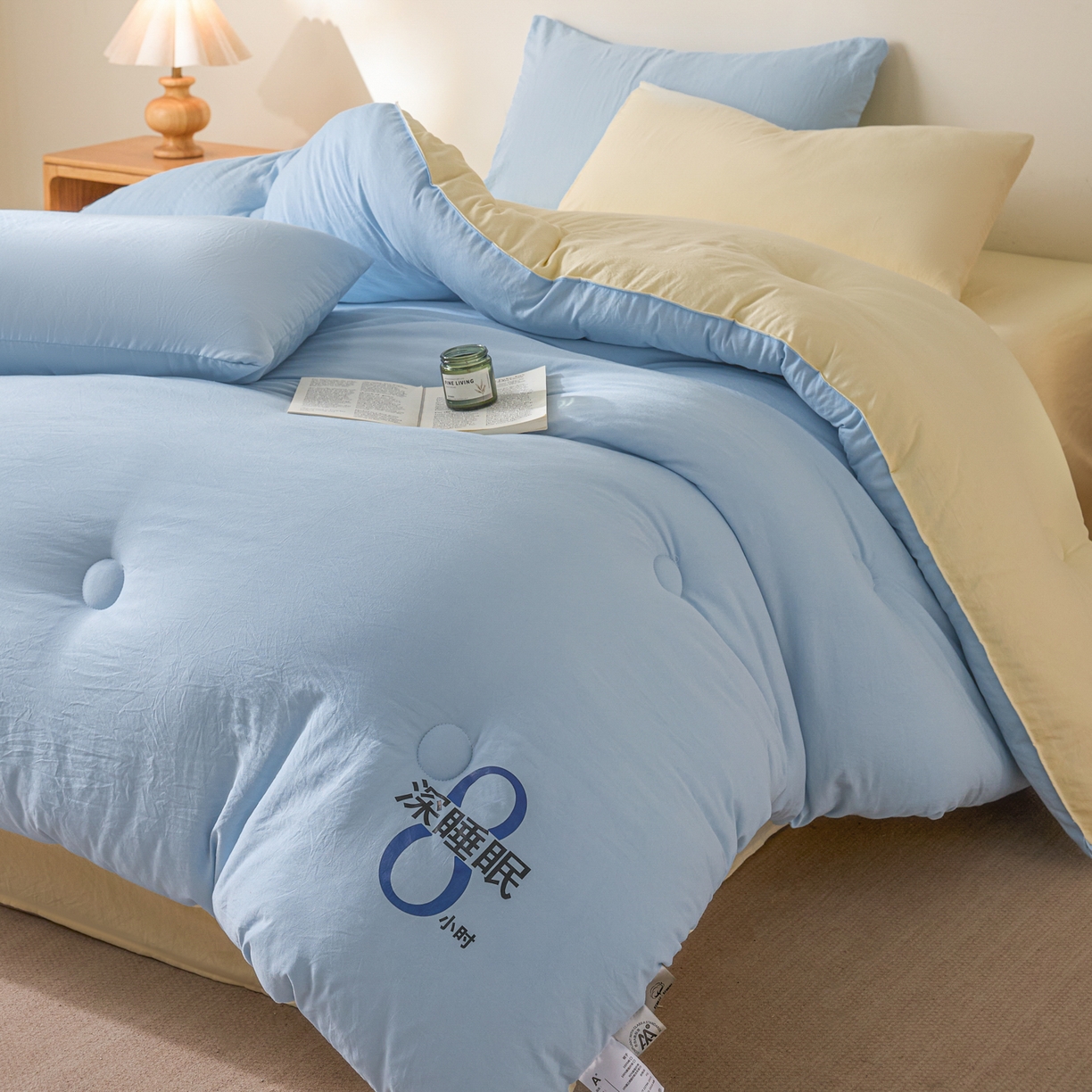 91家纺网 家纺一手货源 找家纺 芬晴家纺 2026春夏新款A类纯色棉花被冬被被子被芯 深睡眠-米黄蓝
