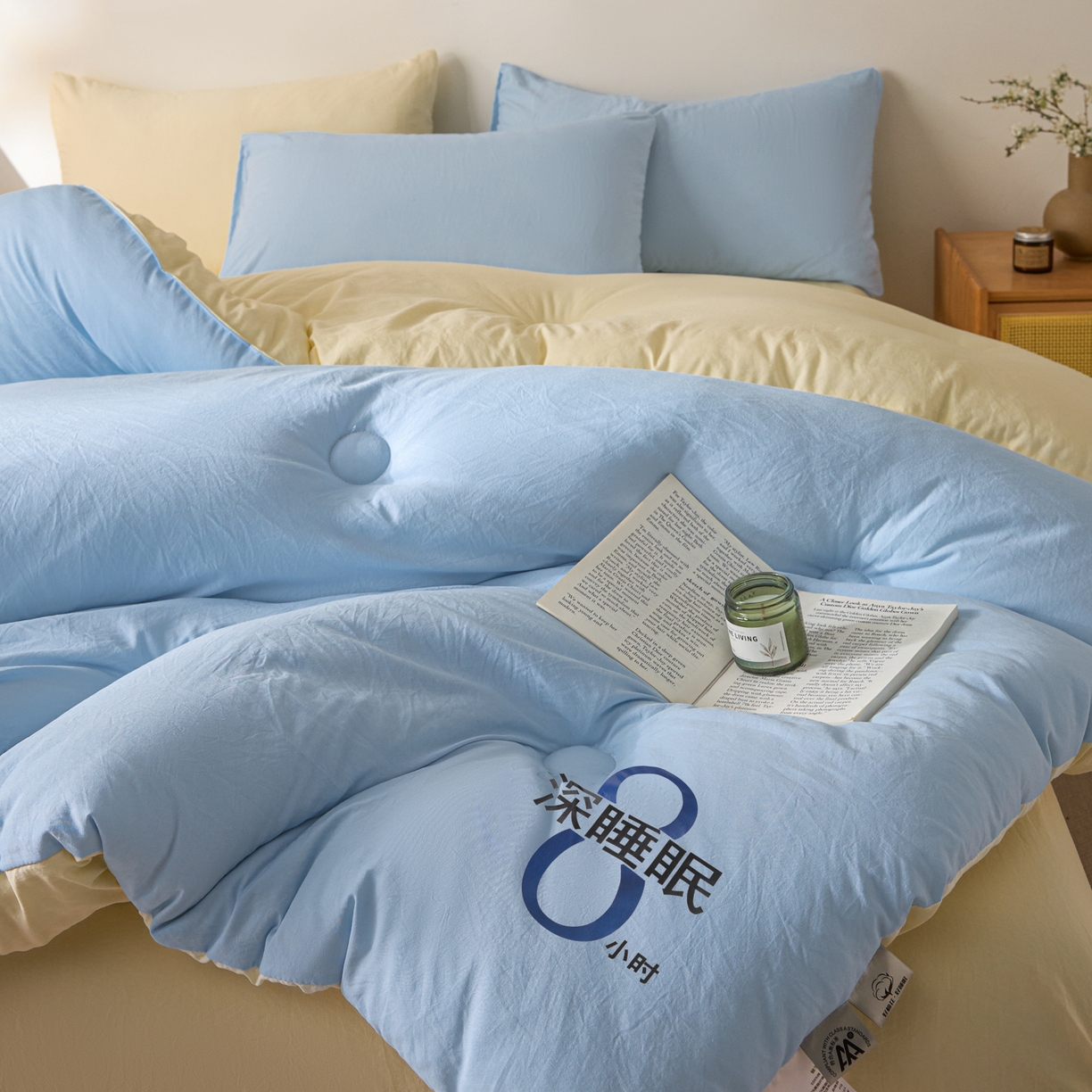 91家纺网 家纺一手货源 找家纺 芬晴家纺 2026春夏新款A类纯色棉花被冬被被子被芯 深睡眠-米黄蓝