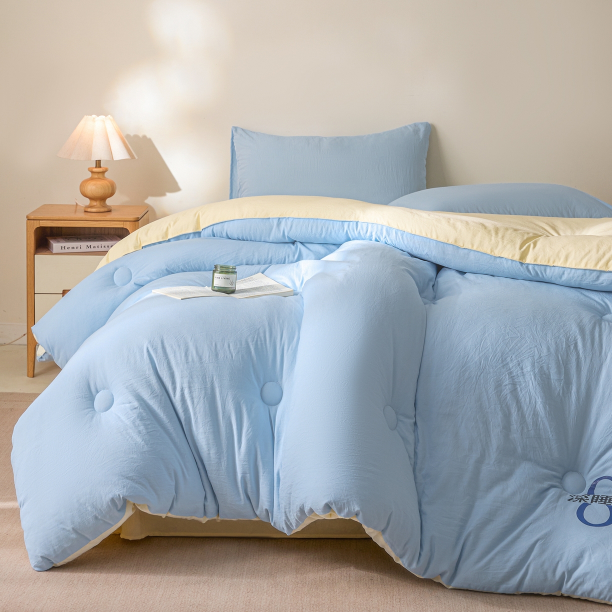91家纺网 家纺一手货源 找家纺 芬晴家纺 2026春夏新款A类纯色棉花被冬被被子被芯 深睡眠-米黄蓝