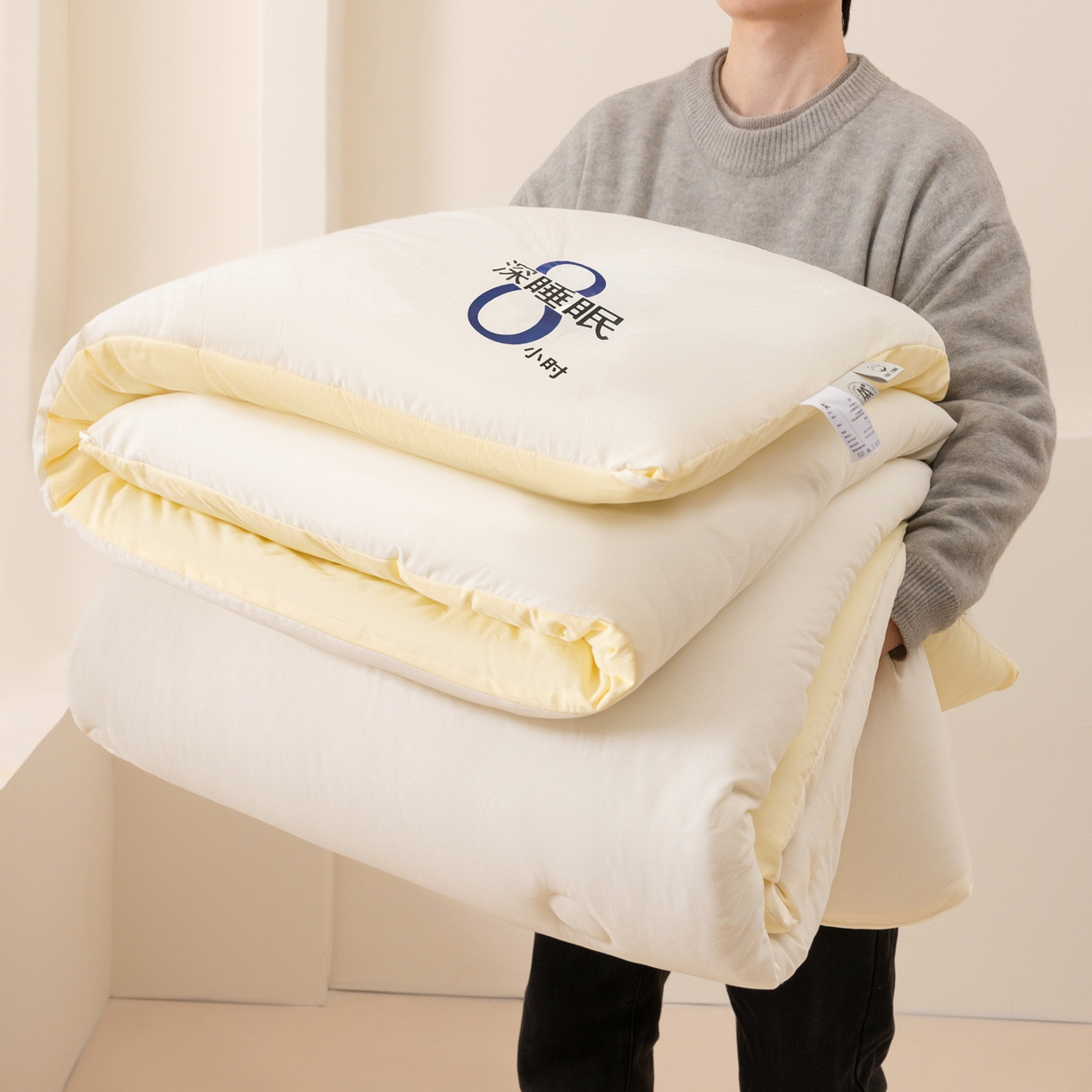 91家纺网 家纺一手货源 找家纺 芬晴家纺 2026春夏新款A类纯色棉花被冬被被子被芯 深睡眠-白+米