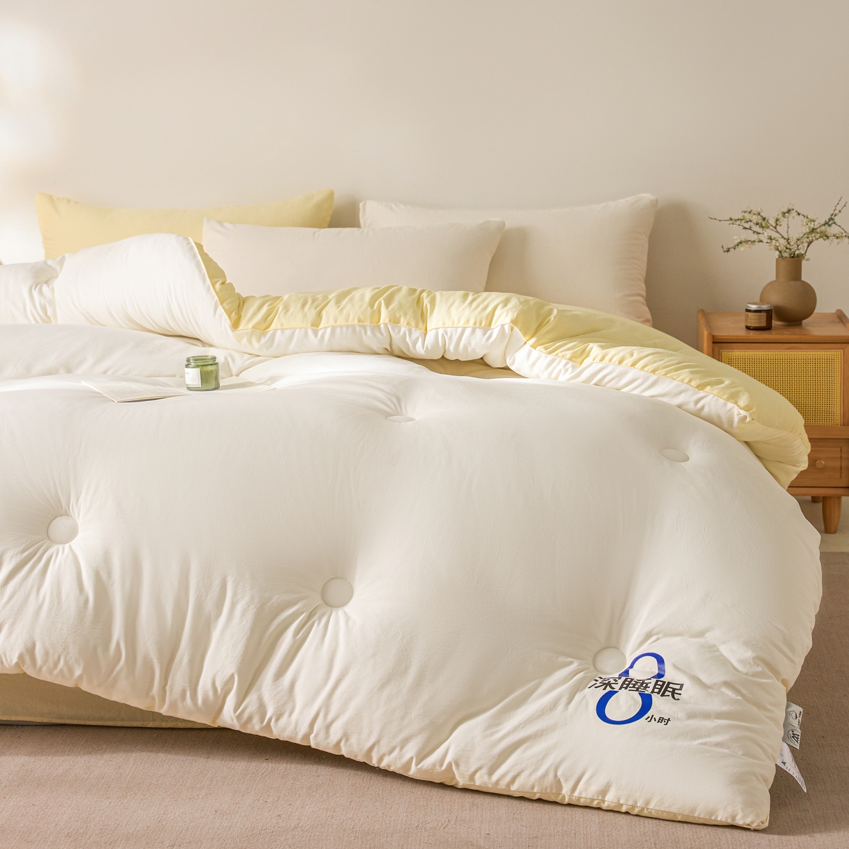 91家纺网 家纺一手货源 找家纺 芬晴家纺 2026春夏新款A类纯色棉花被冬被被子被芯 深睡眠-白+米