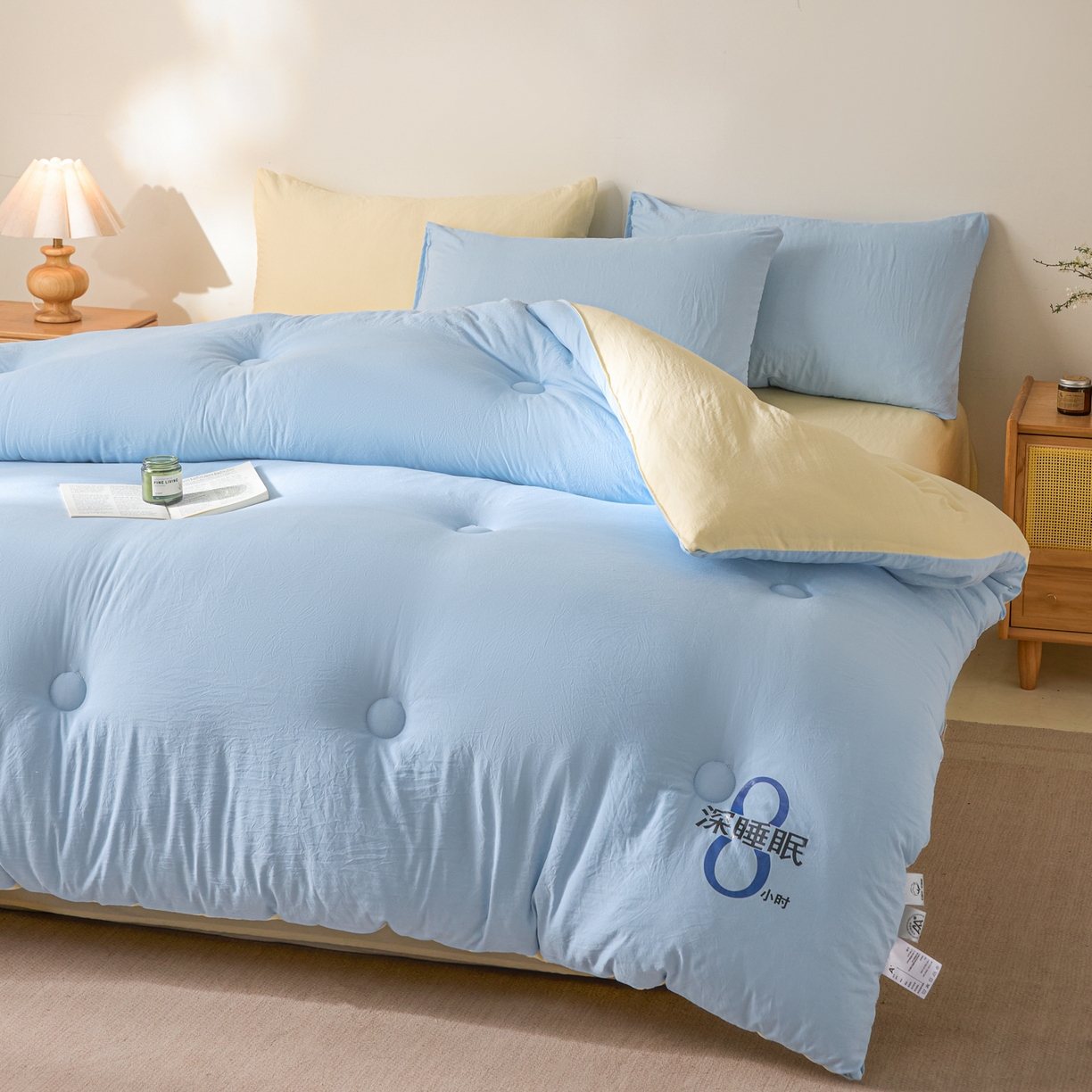 91家纺网 家纺一手货源 找家纺 芬晴家纺 2026春夏新款A类纯色棉花被冬被被子被芯 深睡眠-米黄蓝