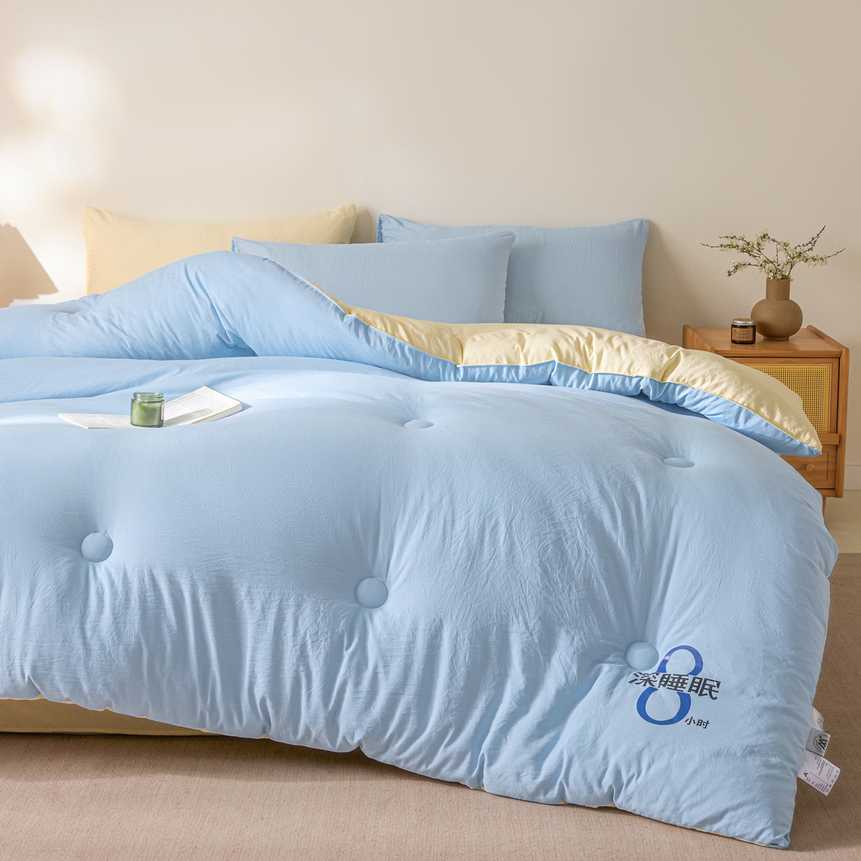 91家纺网 家纺一手货源 找家纺 芬晴家纺 2026春夏新款A类纯色棉花被冬被被子被芯 深睡眠-米黄蓝