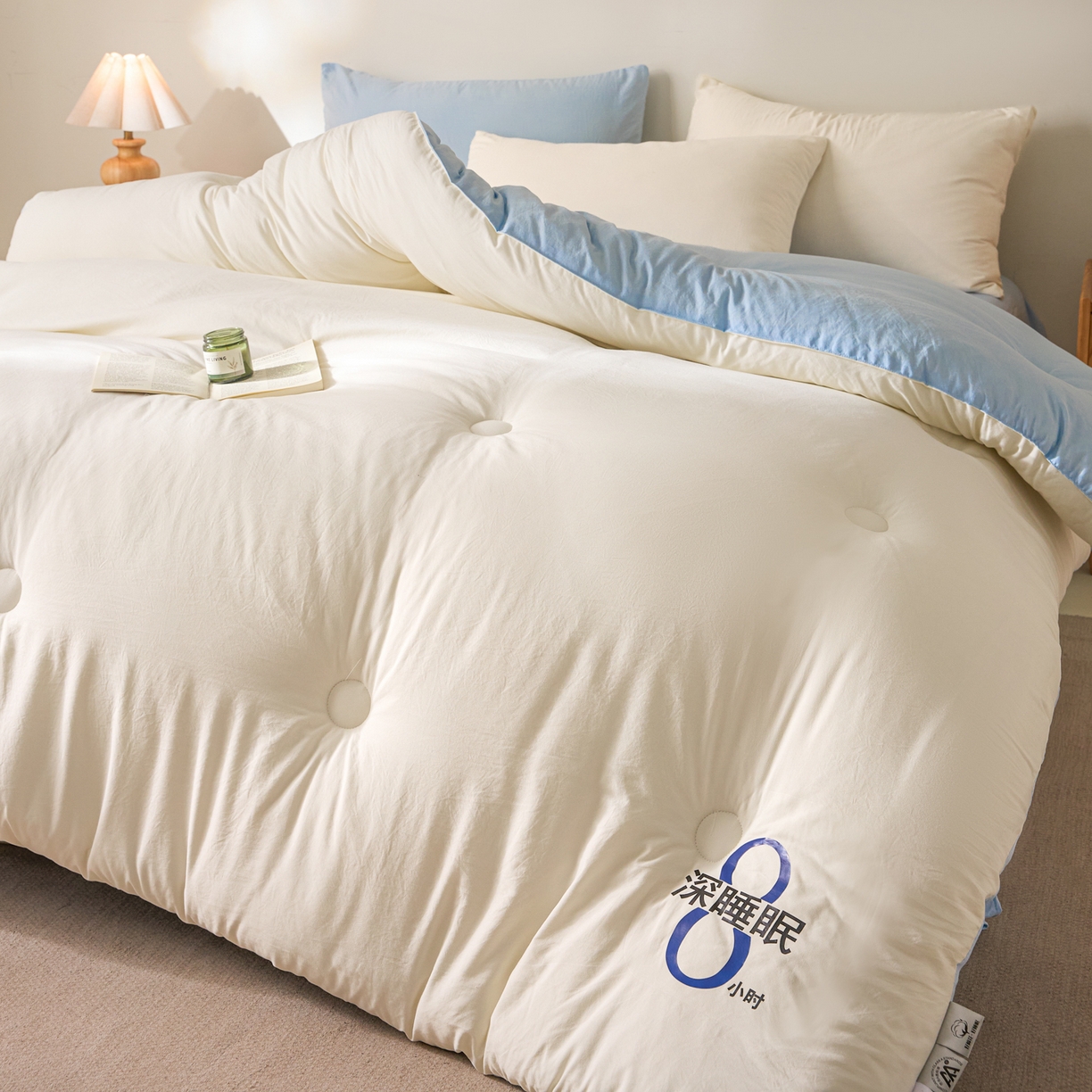 91家纺网 家纺一手货源 找家纺 芬晴家纺 2026春夏新款A类纯色棉花被冬被被子被芯 深睡眠-白蓝