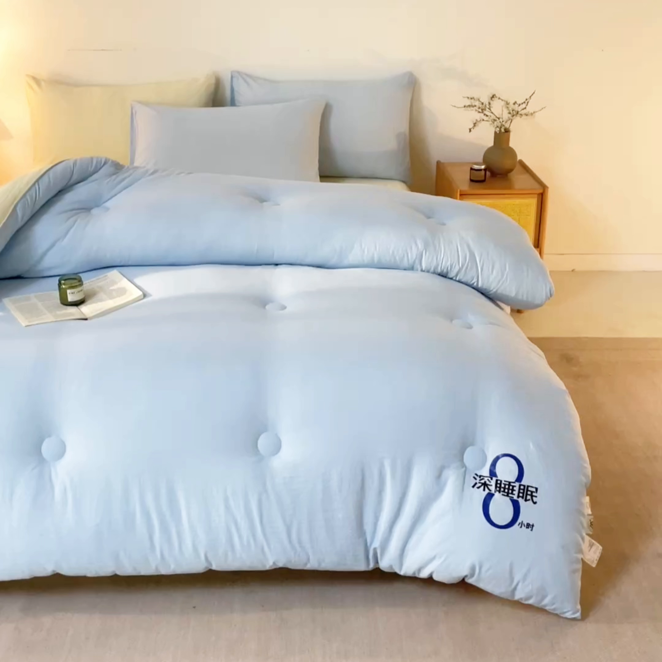 91家纺网 家纺一手货源 找家纺 芬晴家纺 2026春夏新款A类纯色棉花被冬被被子被芯 深睡眠-米黄蓝