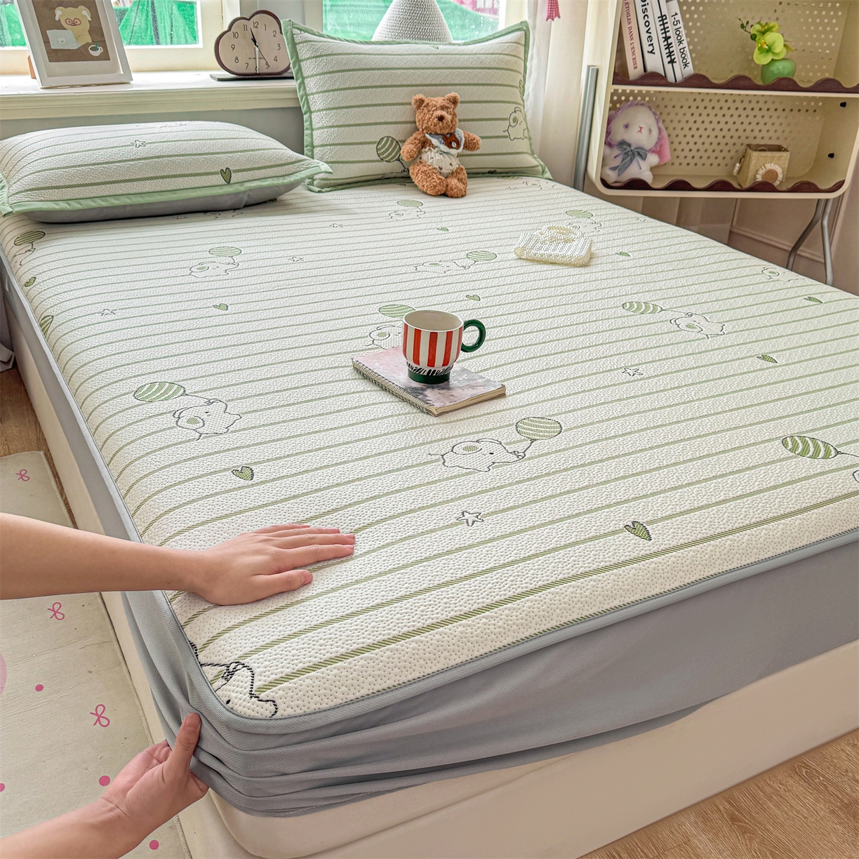 91家纺网 家纺一手货源 找家纺 源舍家纺 2026新款A类PE卡通凉席三件套小红书爆款可水洗空调软席凉感值超0.25-床笠 气球小象-绿啵啵床笠款