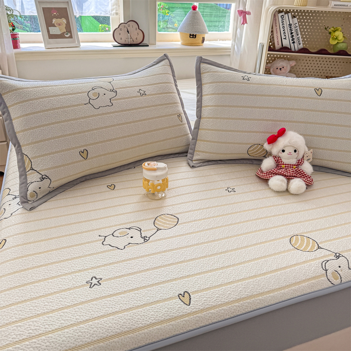 91家纺网 家纺一手货源 找家纺 源舍家纺 2026新款A类PE卡通凉席三件套小红书爆款可水洗空调软席凉感值超0.25-床笠 气球小象-黄啵啵床笠款