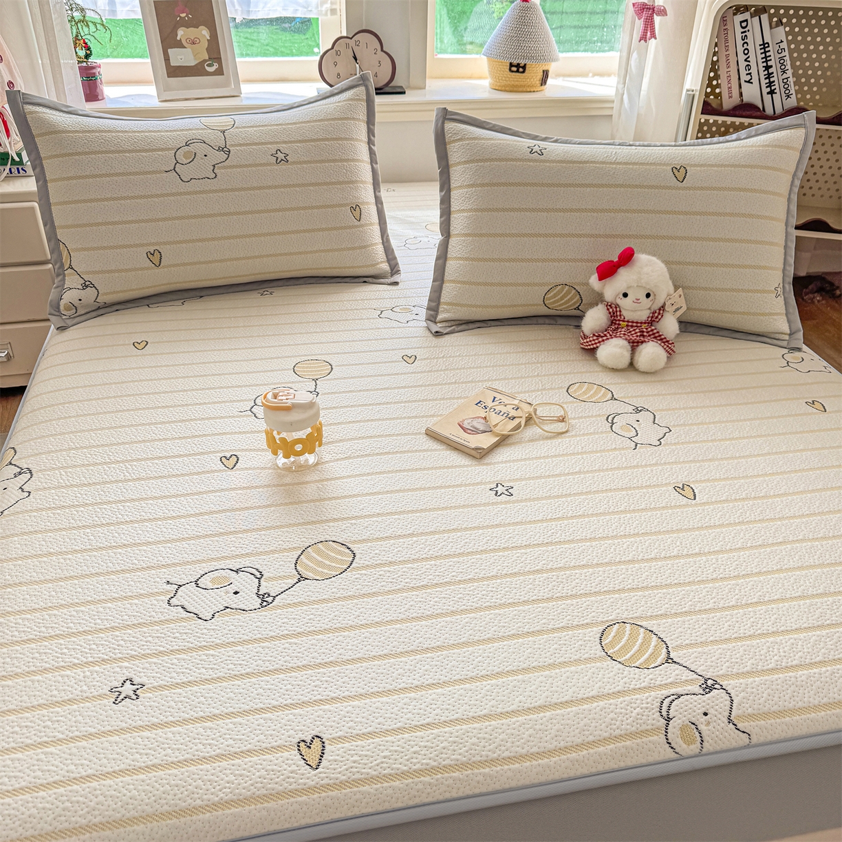 91家纺网 家纺一手货源 找家纺 源舍家纺 2026新款A类PE卡通凉席三件套小红书爆款可水洗空调软席凉感值超0.25-床笠 气球小象-黄啵啵床笠款