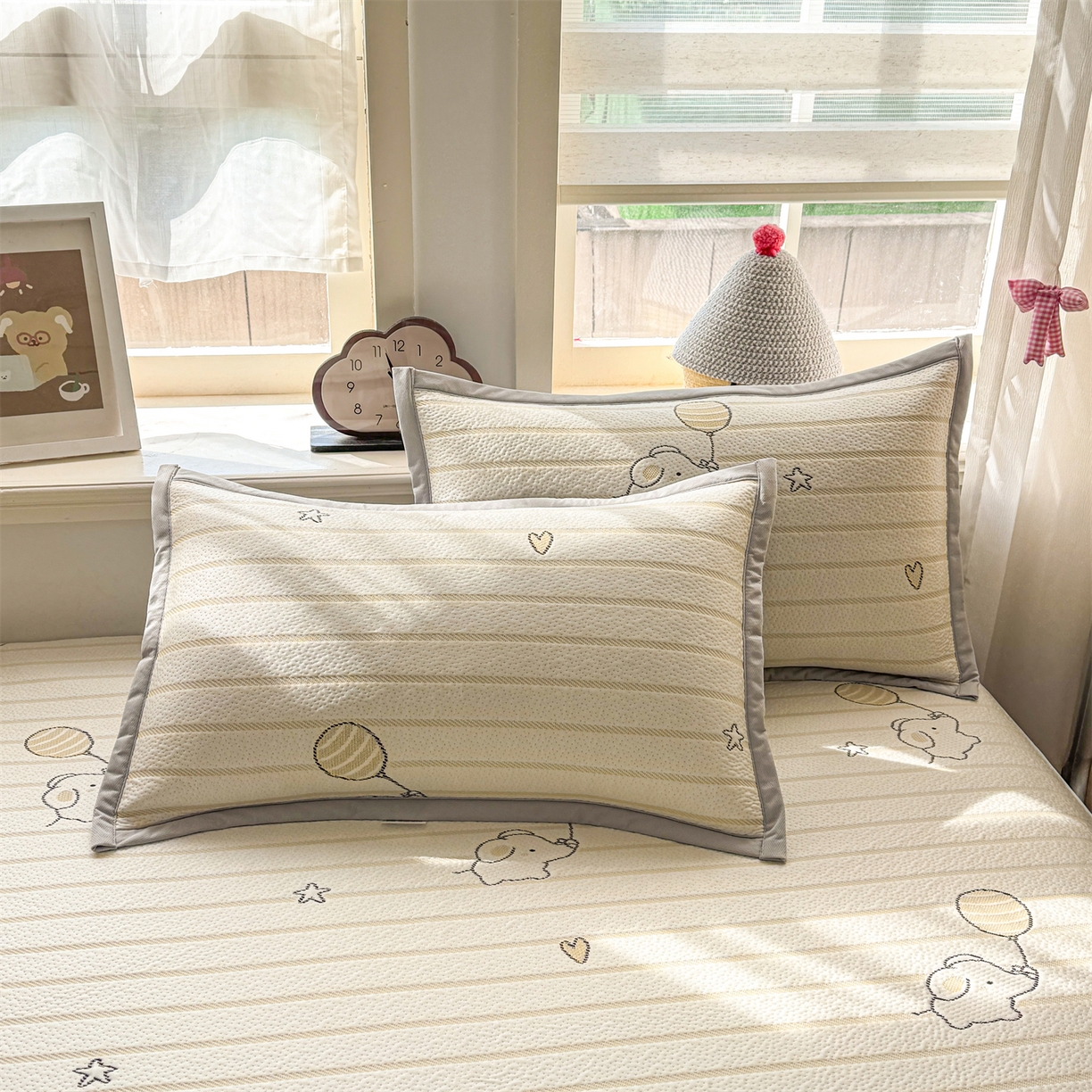 91家纺网 家纺一手货源 找家纺 源舍家纺 2026新款A类PE卡通凉席三件套小红书爆款可水洗空调软席凉感值超0.25-床笠 气球小象-黄啵啵床笠款