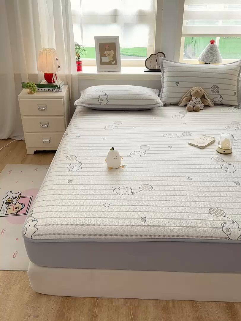 91家纺网 家纺一手货源 找家纺 源舍家纺 2026新款A类PE卡通凉席三件套小红书爆款可水洗空调软席凉感值超0.25-床笠 气球小象-黄啵啵床笠款