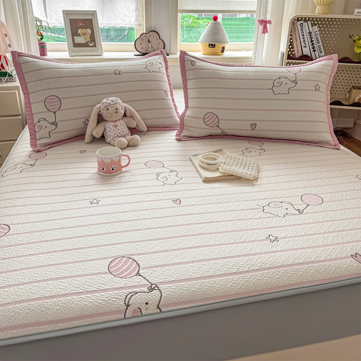 源舍家纺 2026新款A类PE卡通凉席三件套小红书爆款可水洗空调软席凉感值超0.25-床笠 气球小象-粉啵啵床笠款