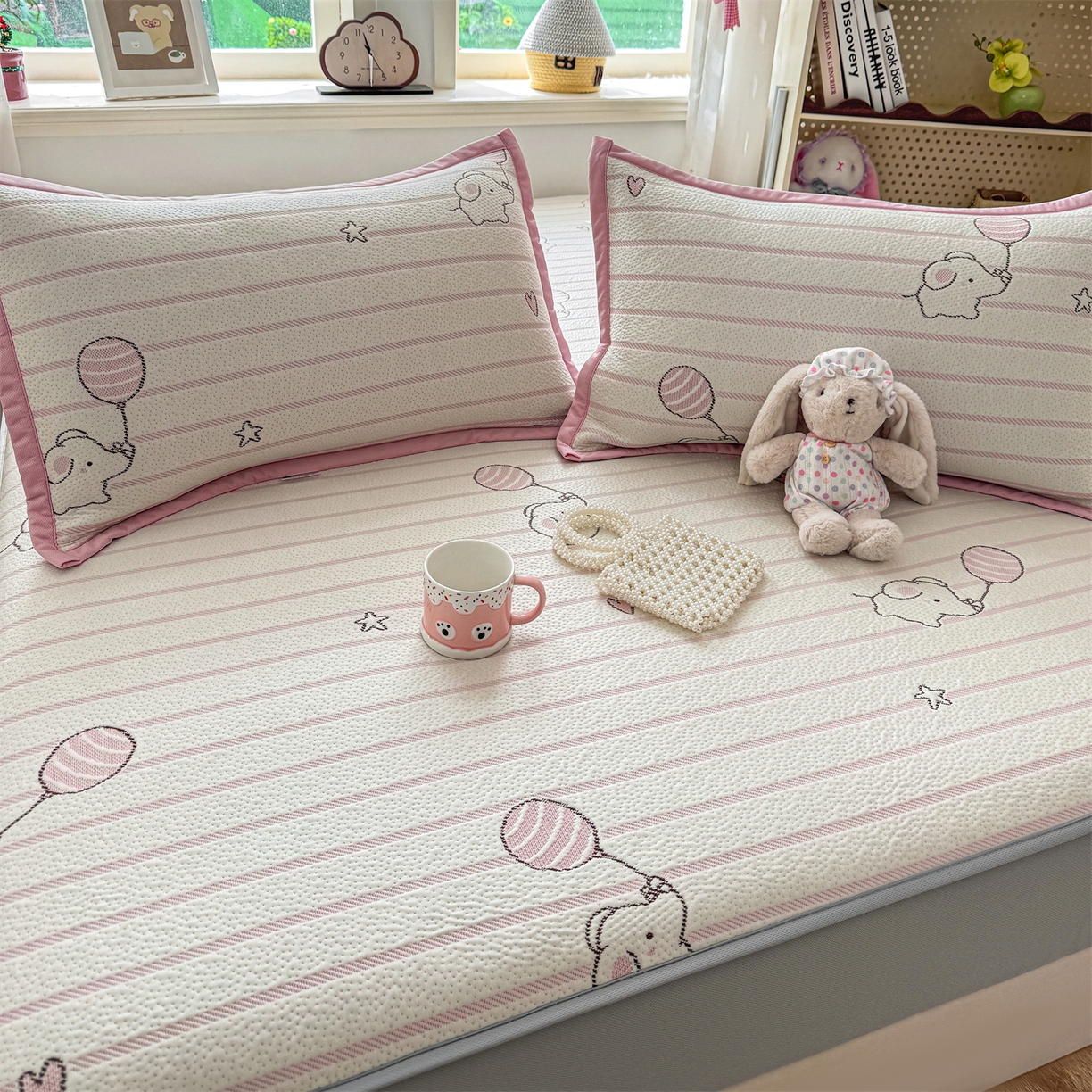 91家纺网 家纺一手货源 找家纺 源舍家纺 2026新款A类PE卡通凉席三件套小红书爆款可水洗空调软席凉感值超0.25-床笠 气球小象-粉啵啵床笠款