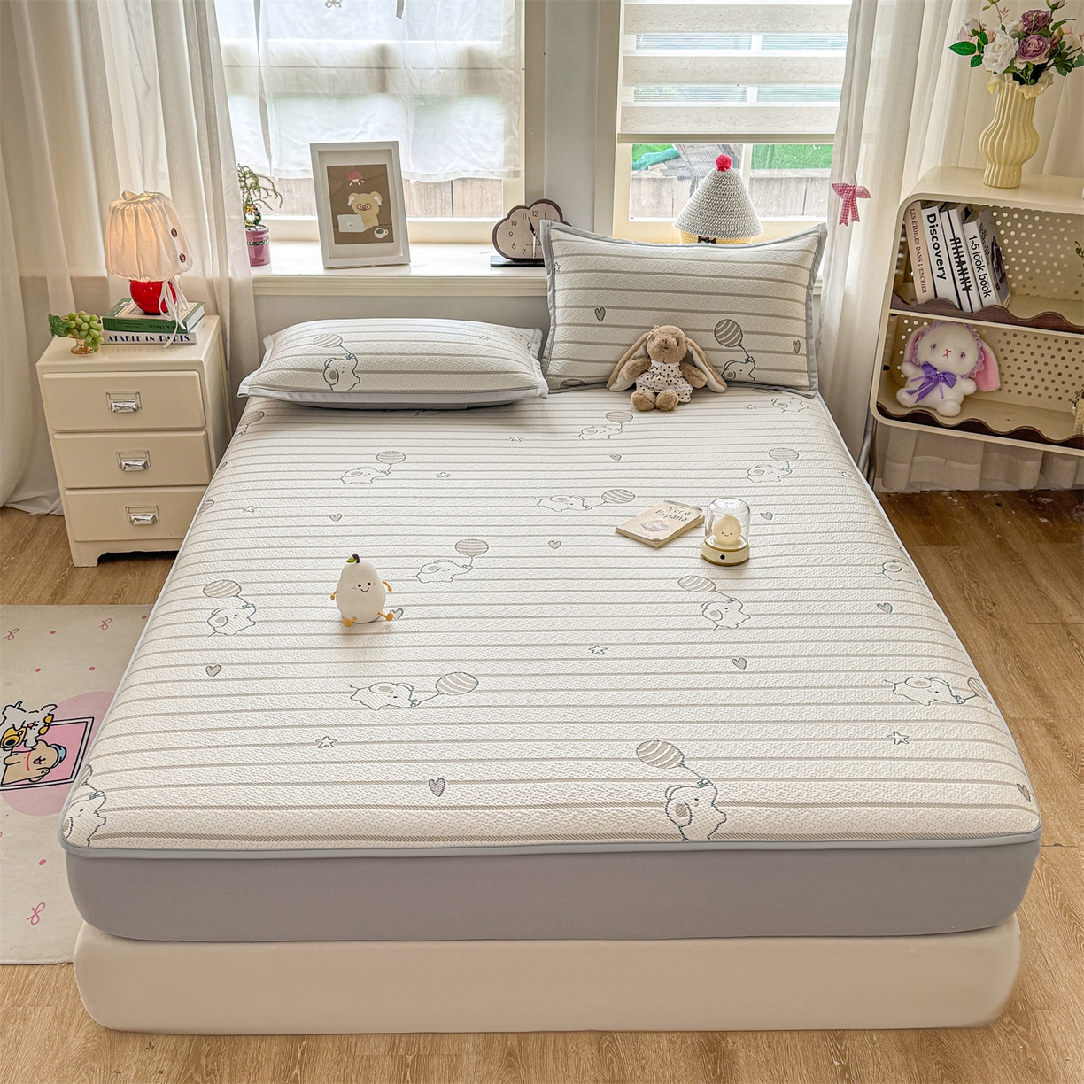 91家纺网 家纺一手货源 找家纺 源舍家纺 2026新款A类PE卡通凉席三件套小红书爆款可水洗空调软席凉感值超0.25-床笠 气球小象-咖啵啵床笠款