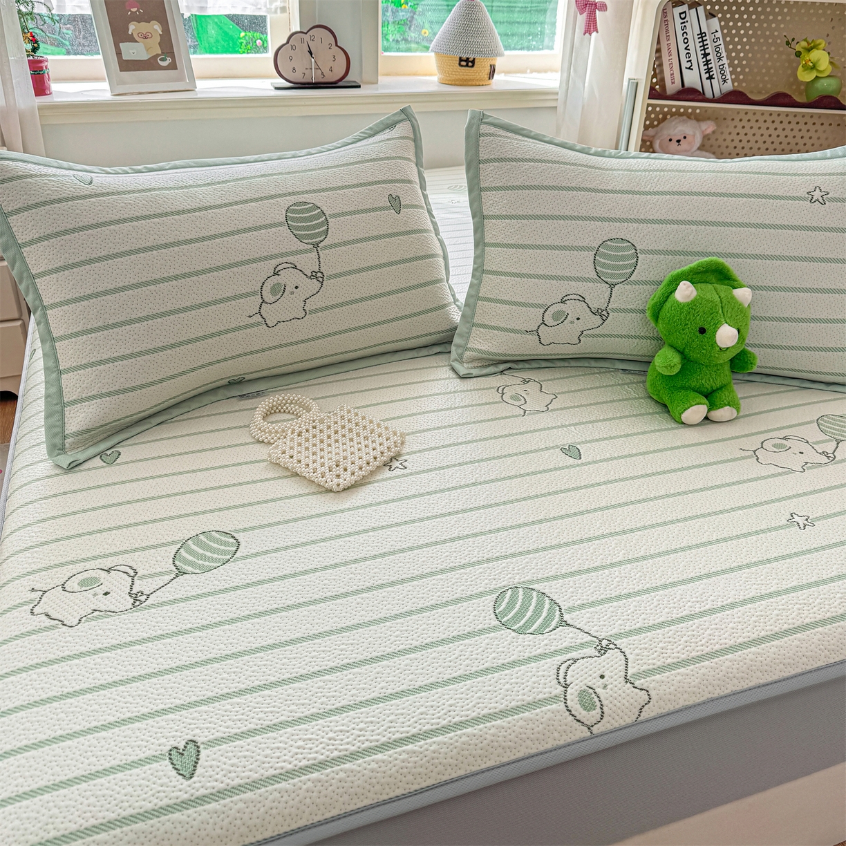 91家纺网 家纺一手货源 找家纺 源舍家纺 2026新款A类PE卡通凉席三件套小红书爆款可水洗空调软席凉感值超0.25-床笠 气球小象-青啵啵床笠款