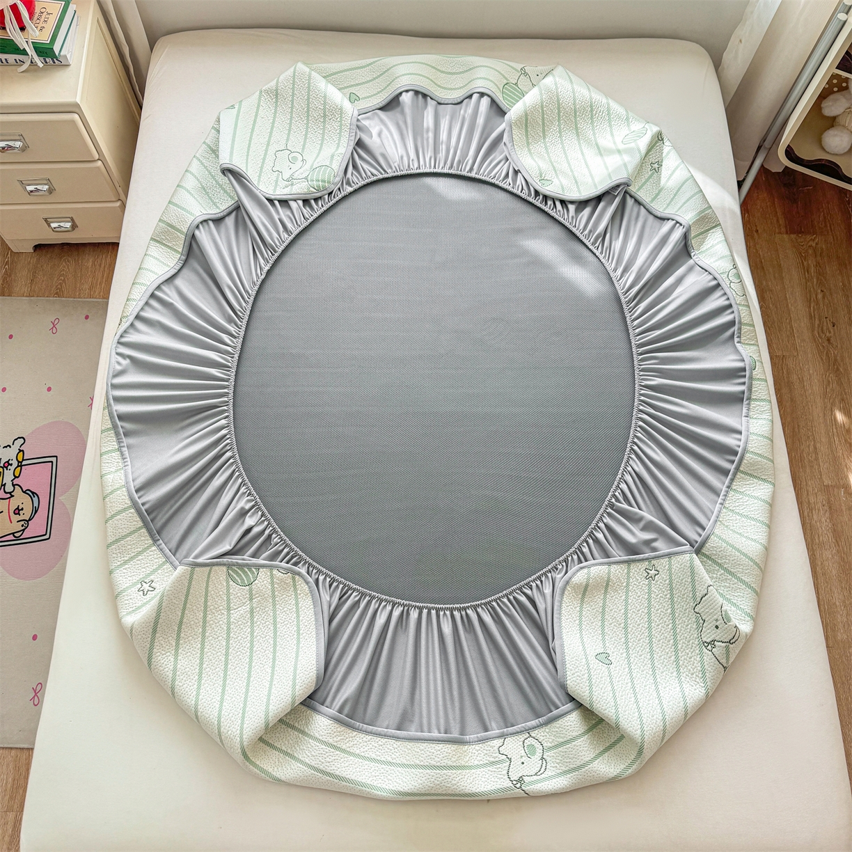 91家纺网 家纺一手货源 找家纺 源舍家纺 2026新款A类PE卡通凉席三件套小红书爆款可水洗空调软席凉感值超0.25-床笠 气球小象-青啵啵床笠款