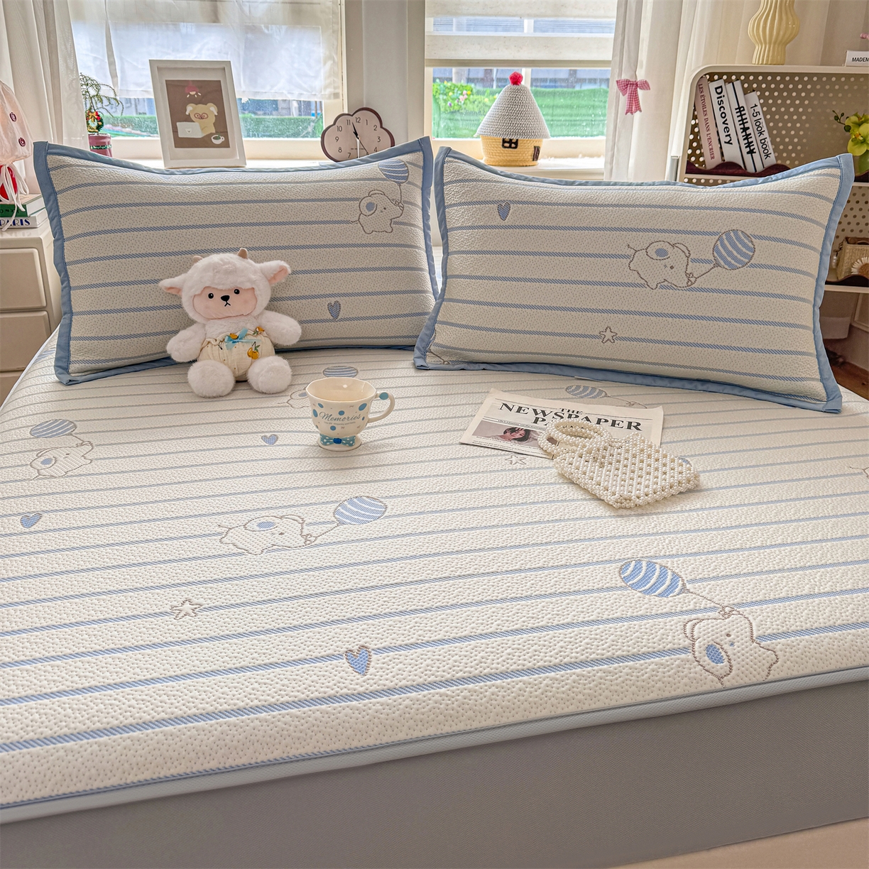 源舍家纺 2026新款A类PE卡通凉席三件套小红书爆款可水洗空调软席凉感值超0.25-床笠 气球小象-蓝啵啵床笠款