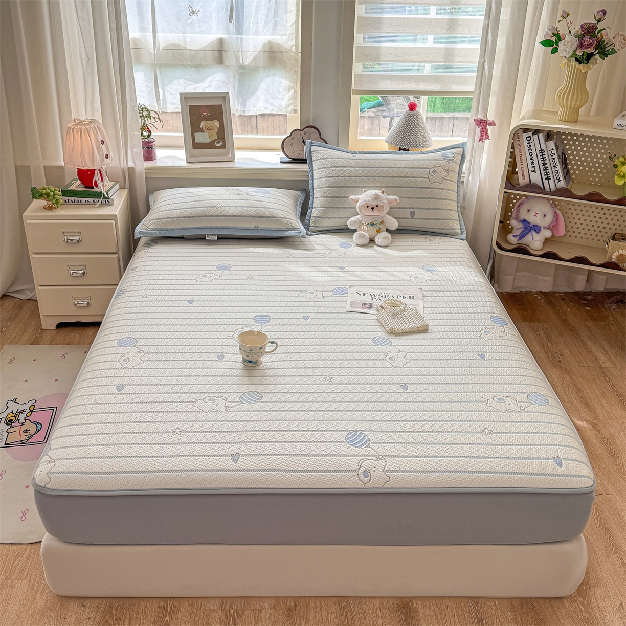 91家纺网 家纺一手货源 找家纺 源舍家纺 2026新款A类PE卡通凉席三件套小红书爆款可水洗空调软席凉感值超0.25-床笠 气球小象-蓝啵啵床笠款