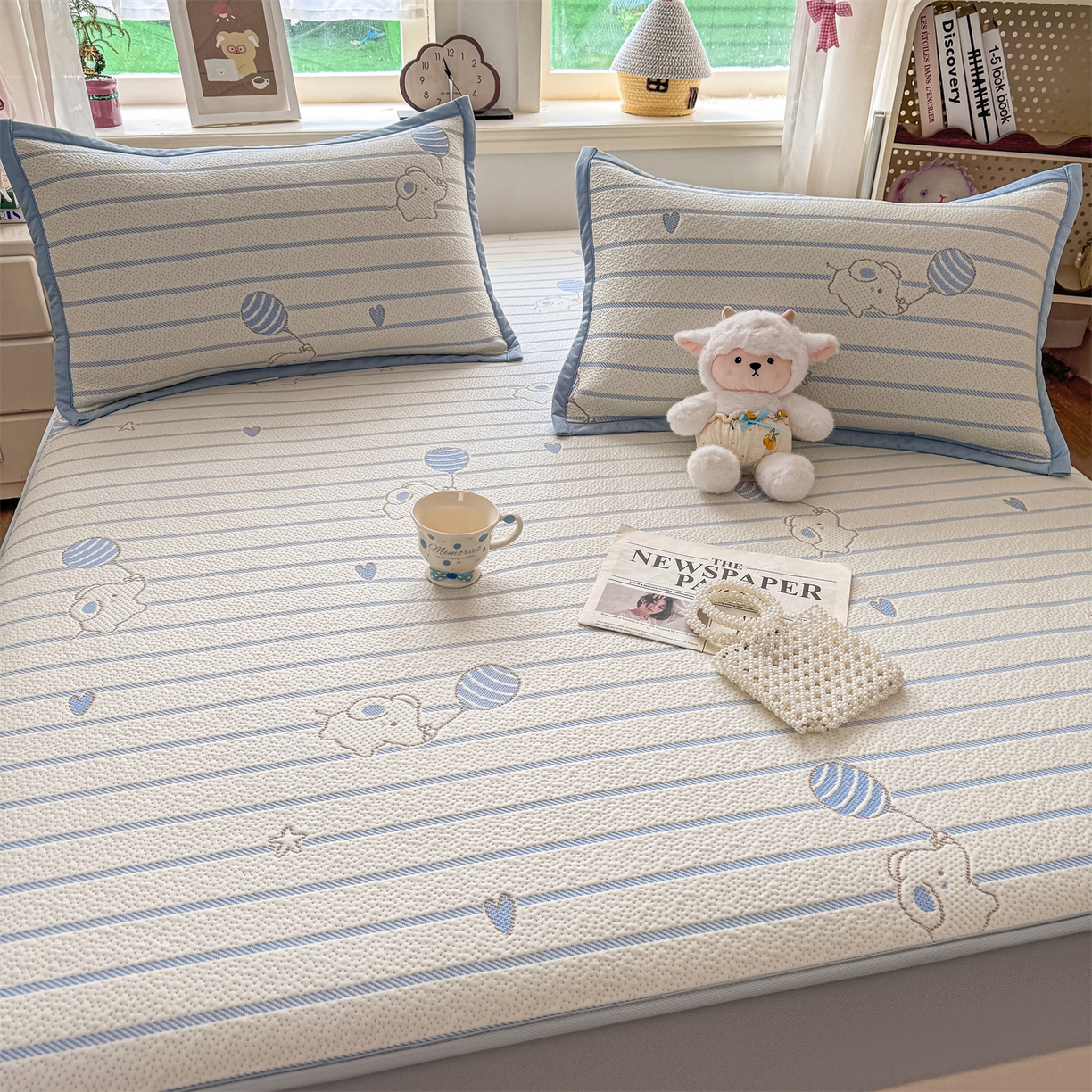 91家纺网 家纺一手货源 找家纺 源舍家纺 2026新款A类PE卡通凉席三件套小红书爆款可水洗空调软席凉感值超0.25-床笠 气球小象-蓝啵啵床笠款