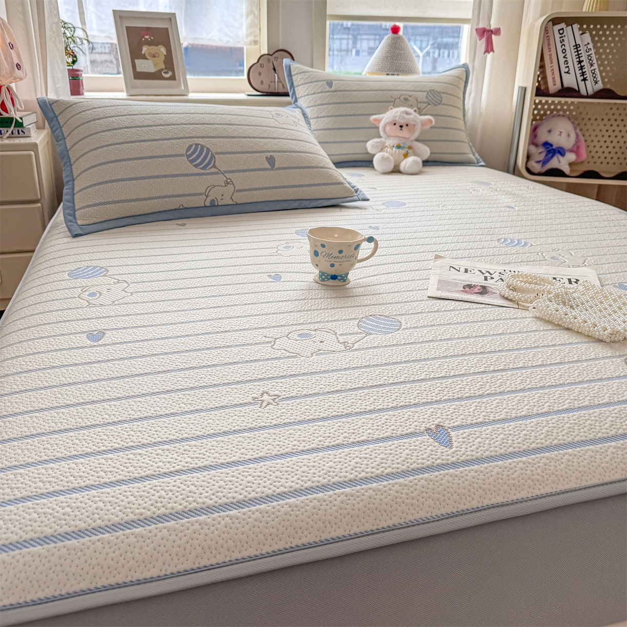 91家纺网 家纺一手货源 找家纺 源舍家纺 2026新款A类PE卡通凉席三件套小红书爆款可水洗空调软席凉感值超0.25-床笠 气球小象-蓝啵啵床笠款