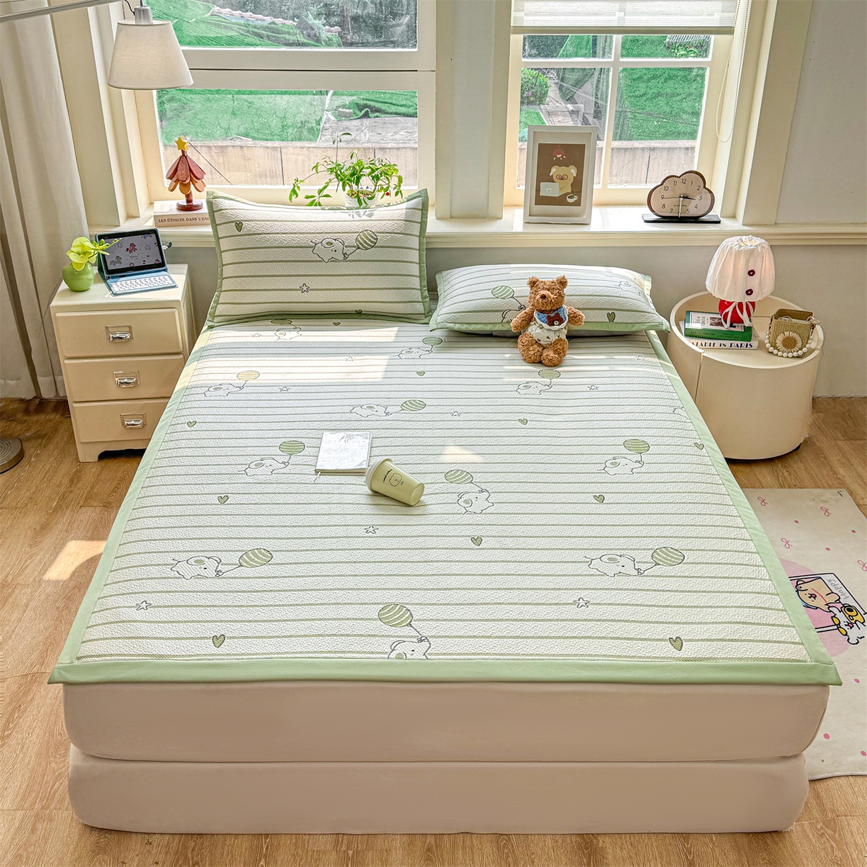 91家纺网 家纺一手货源 找家纺 源舍家纺 2026新款A类PE卡通凉席三件套小红书爆款可水洗空调软席凉感值超0.25-床笠 气球小象-绿啵啵床席款