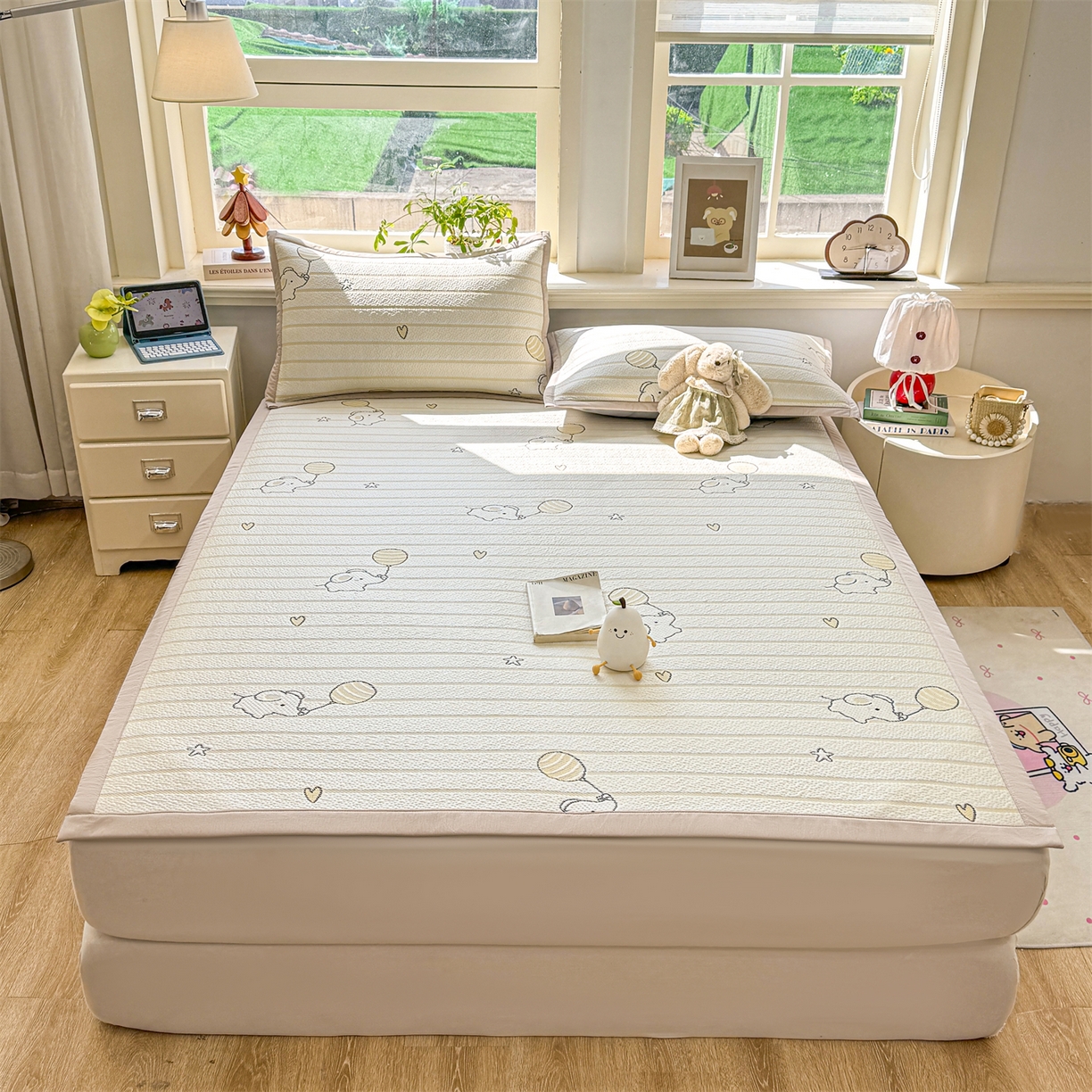 91家纺网 家纺一手货源 找家纺 源舍家纺 2026新款A类PE卡通凉席三件套小红书爆款可水洗空调软席凉感值超0.25-床笠 气球小象-黄啵啵床席款