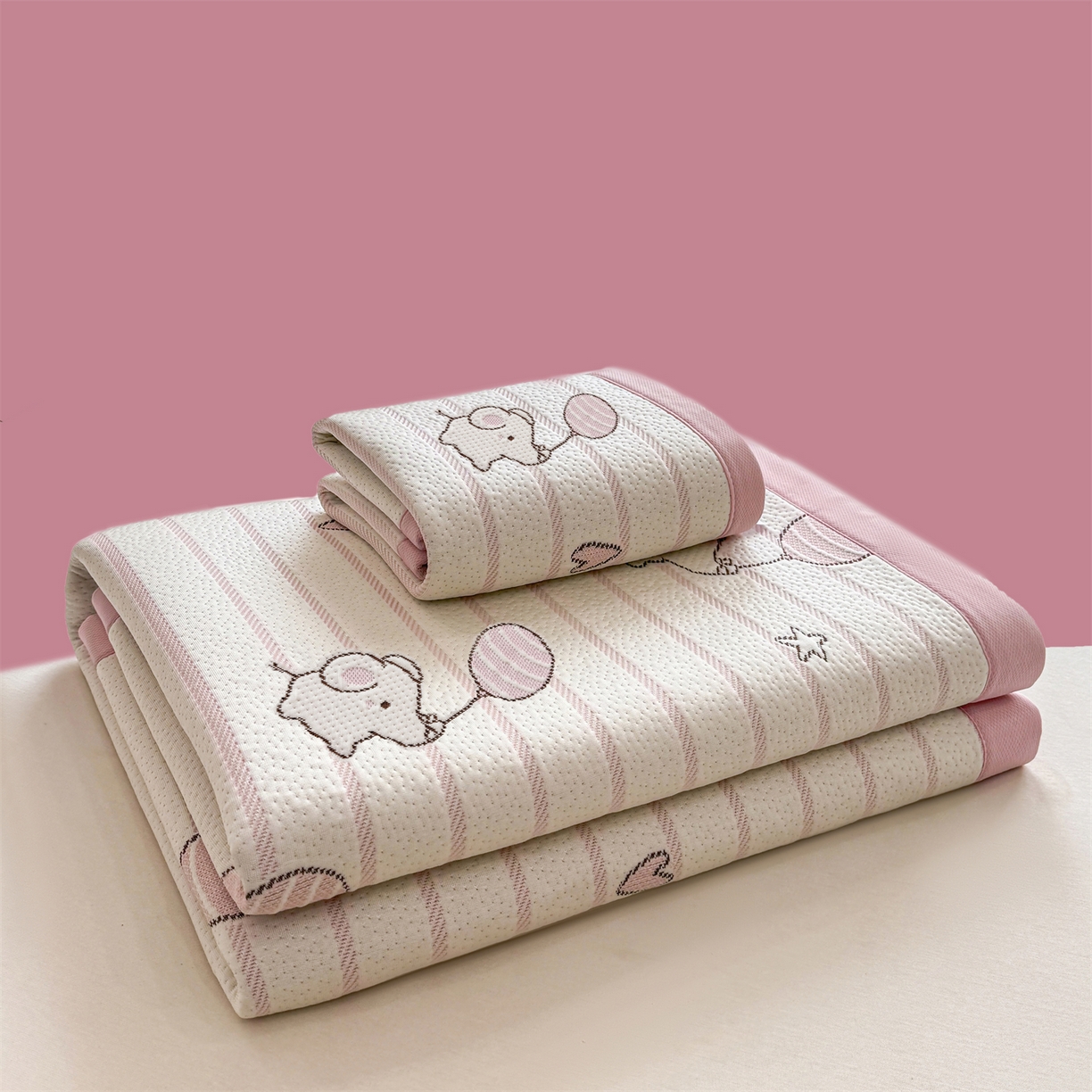 91家纺网 家纺一手货源 找家纺 源舍家纺 2026新款A类PE卡通凉席三件套小红书爆款可水洗空调软席凉感值超0.25-床笠 气球小象-粉啵啵床席款