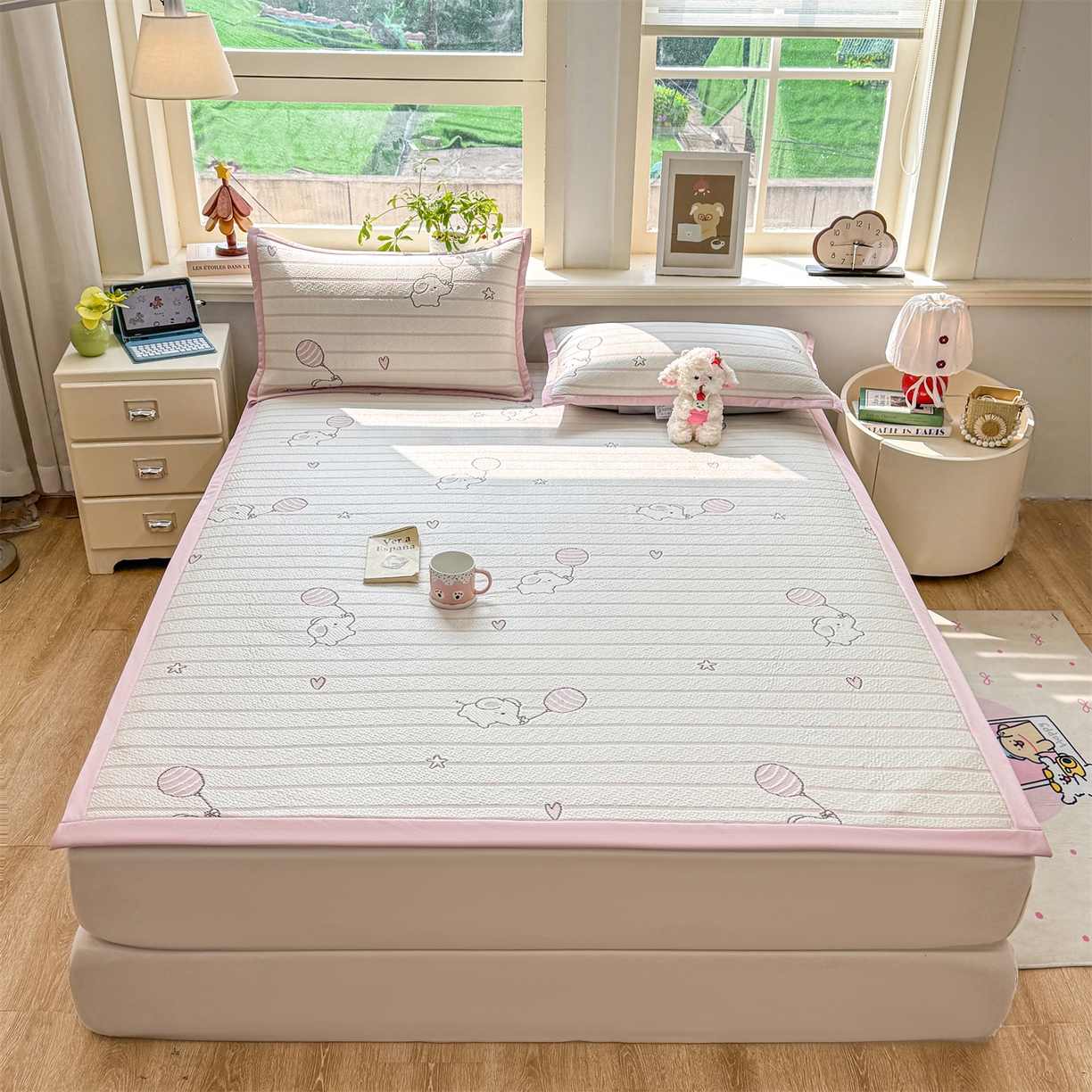 91家纺网 家纺一手货源 找家纺 源舍家纺 2026新款A类PE卡通凉席三件套小红书爆款可水洗空调软席凉感值超0.25-床笠 气球小象-粉啵啵床席款