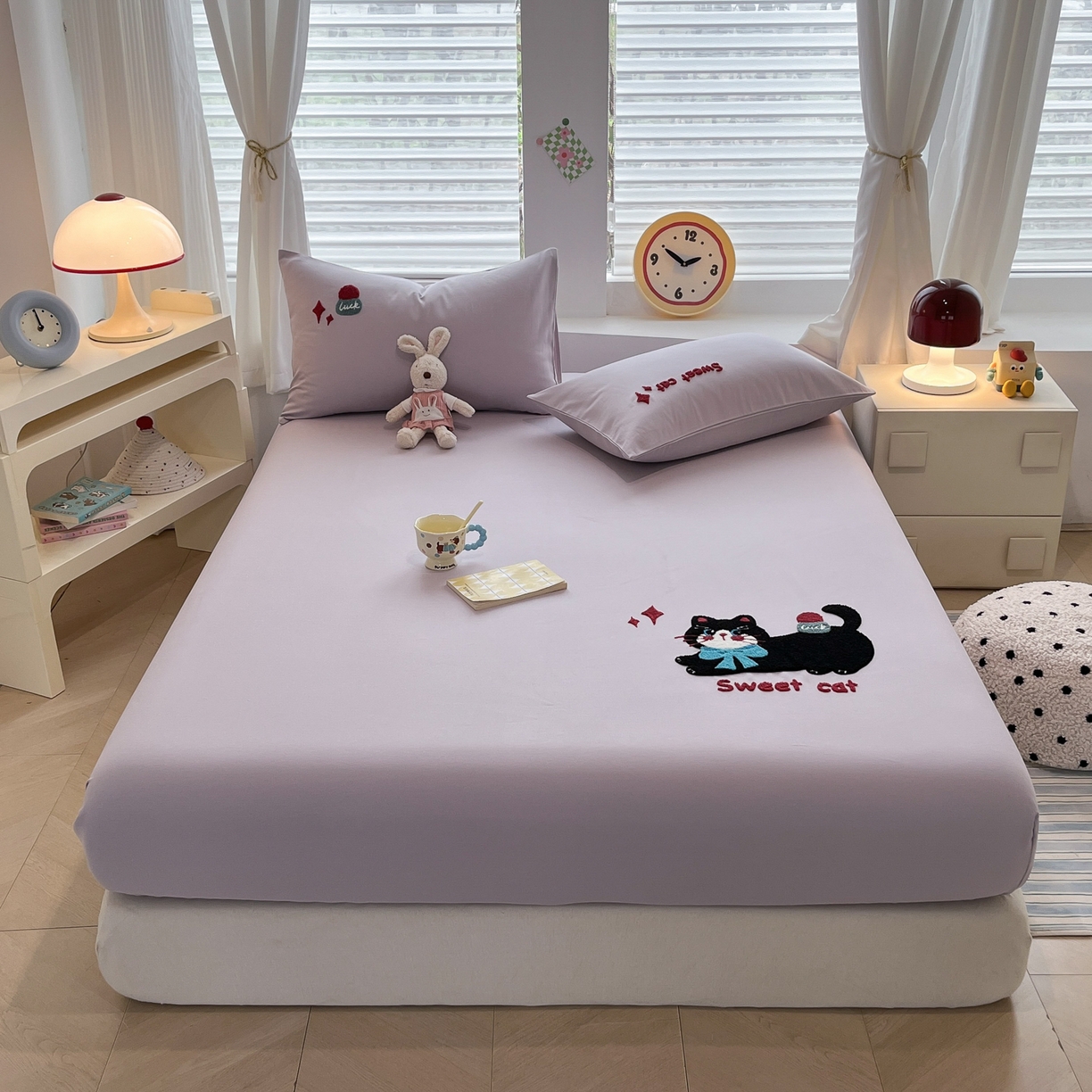 其奥家纺 2026春夏新款纯棉全棉老粗布床笠纯色凉席 甜心小猫-紫