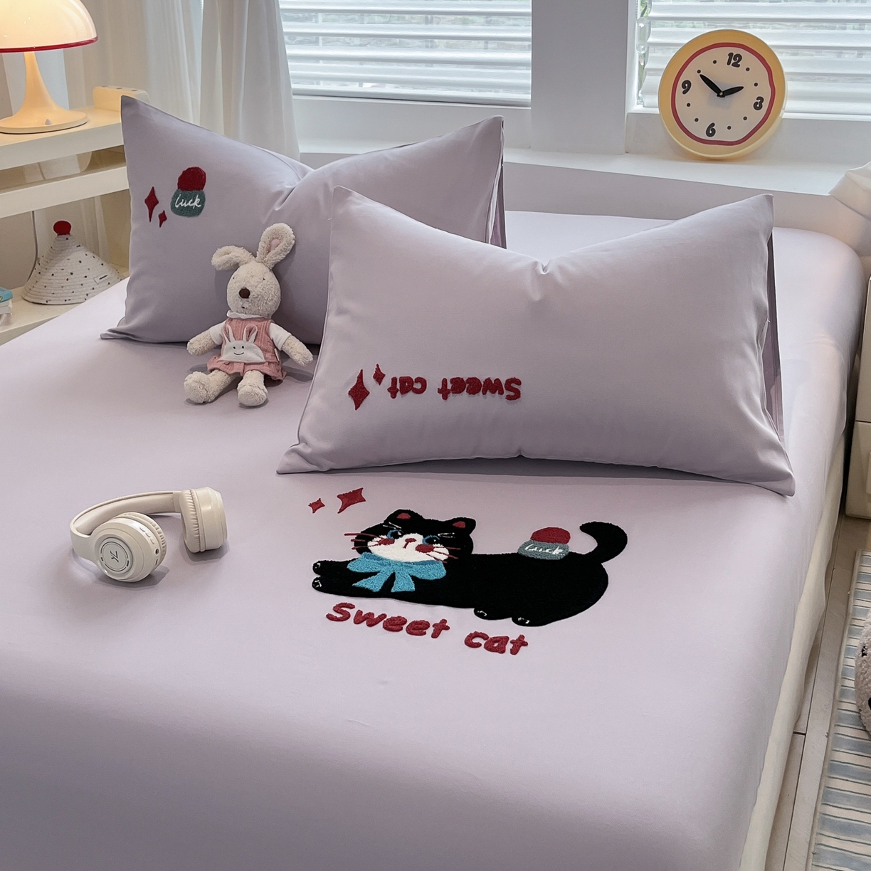 91家纺网 家纺一手货源 找家纺 其奥家纺 2026春夏新款纯棉全棉老粗布床笠纯色凉席 甜心小猫-紫