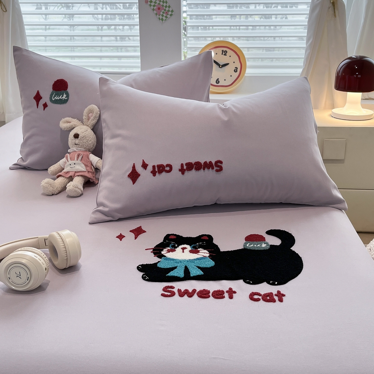 91家纺网 家纺一手货源 找家纺 其奥家纺 2026春夏新款纯棉全棉老粗布床笠纯色凉席 甜心小猫-紫