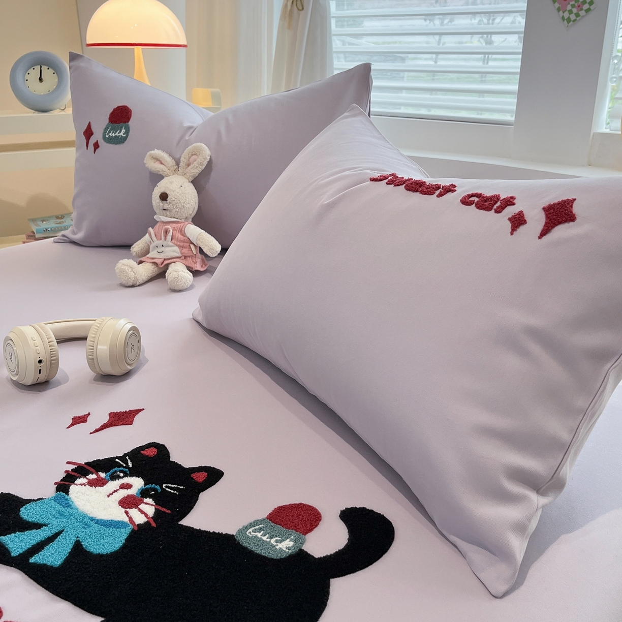 91家纺网 家纺一手货源 找家纺 其奥家纺 2026春夏新款纯棉全棉老粗布床笠纯色凉席 甜心小猫-紫