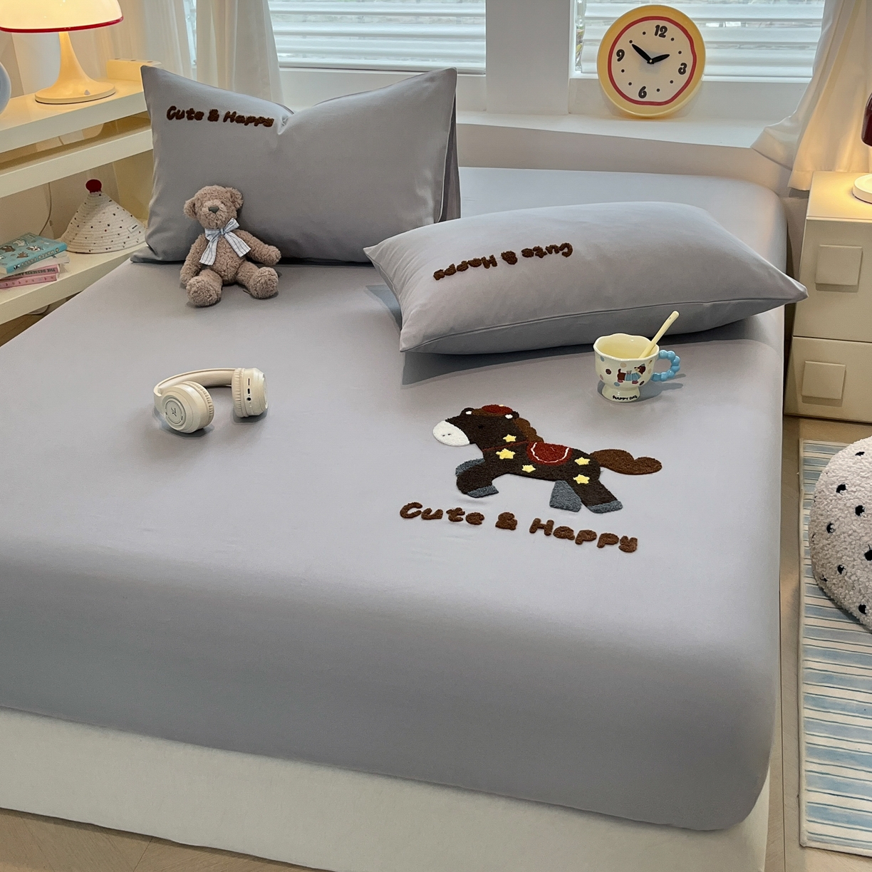 91家纺网 家纺一手货源 找家纺 其奥家纺 2026春夏新款纯棉全棉老粗布床笠纯色凉席 小马奔奔-灰