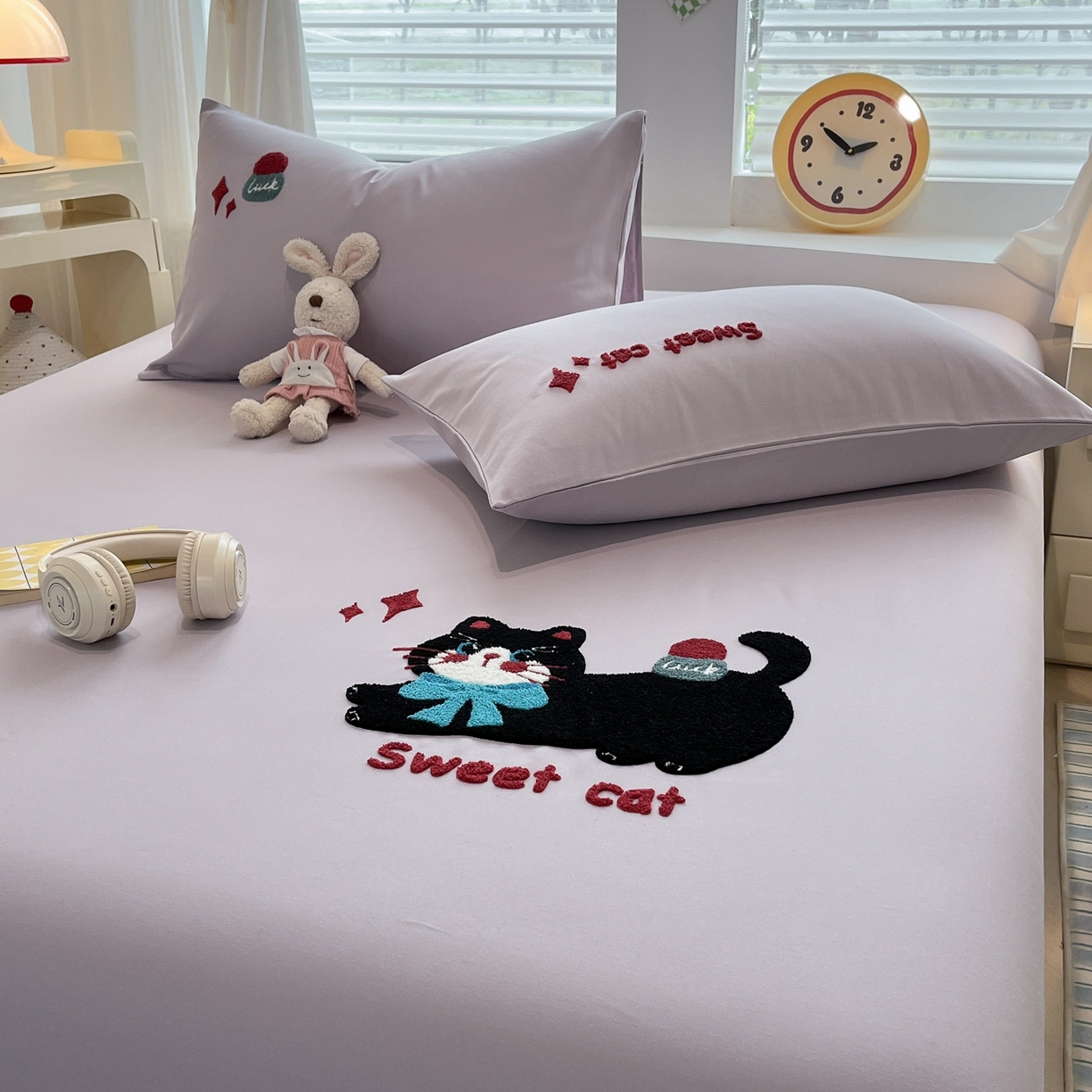 91家纺网 家纺一手货源 找家纺 其奥家纺 2026春夏新款纯棉全棉老粗布床笠纯色凉席 甜心小猫-紫