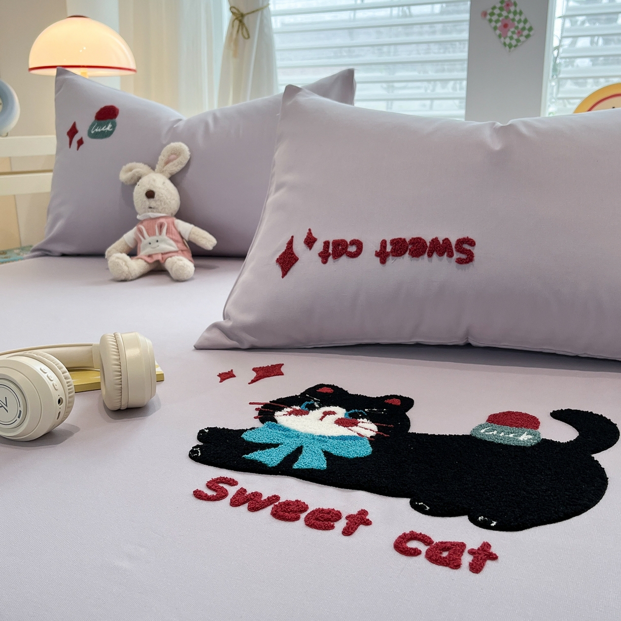 91家纺网 家纺一手货源 找家纺 其奥家纺 2026春夏新款纯棉全棉老粗布床笠纯色凉席 甜心小猫-紫