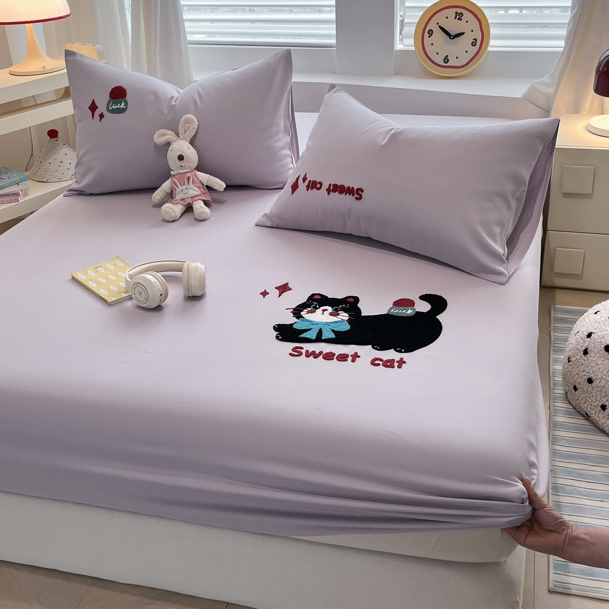 91家纺网 家纺一手货源 找家纺 其奥家纺 2026春夏新款纯棉全棉老粗布床笠纯色凉席 甜心小猫-紫