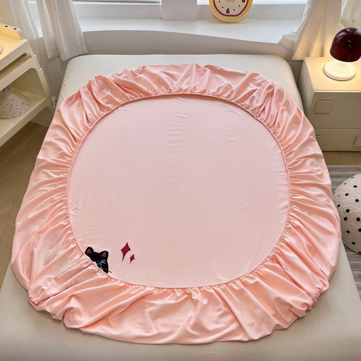 91家纺网 家纺一手货源 找家纺 其奥家纺 2026春夏新款纯棉全棉老粗布床笠纯色凉席 甜心小猫-粉