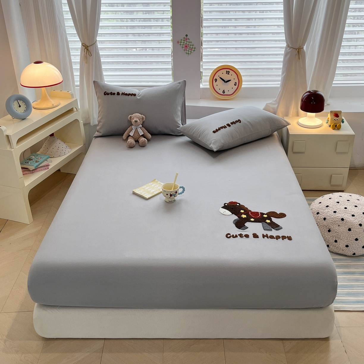 其奥家纺 2026春夏新款纯棉全棉老粗布床笠纯色凉席 小马奔奔-灰