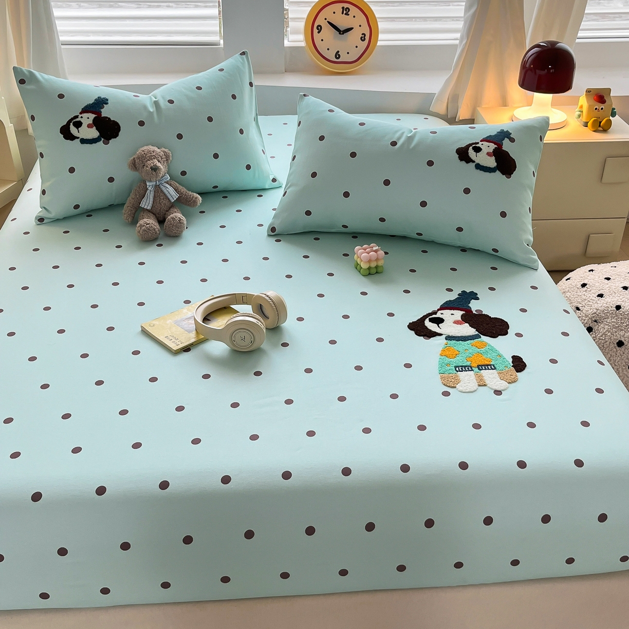 91家纺网 家纺一手货源 找家纺 其奥家纺 2026春夏新款纯棉全棉老粗布床笠印花凉席 欢乐狗-蓝黑点