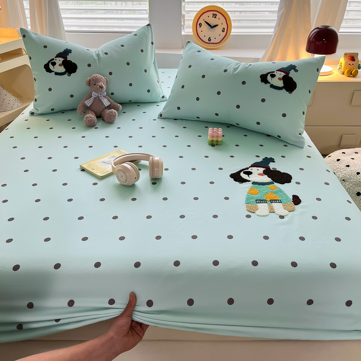 其奥家纺 2026春夏新款纯棉全棉老粗布床笠印花凉席 欢乐狗-蓝黑点