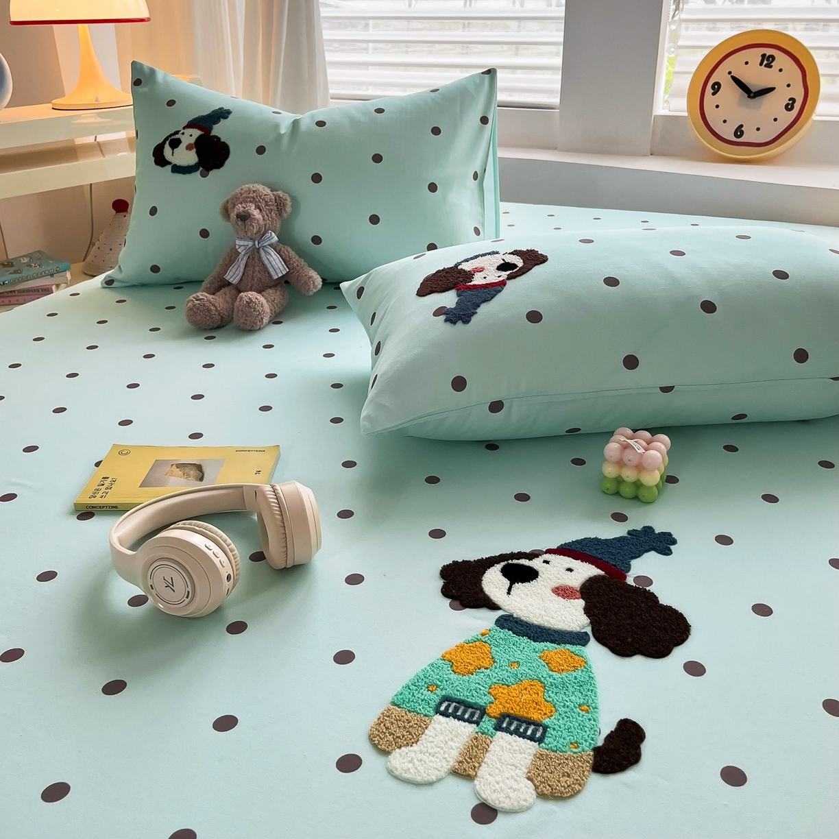 91家纺网 家纺一手货源 找家纺 其奥家纺 2026春夏新款纯棉全棉老粗布床笠印花凉席 欢乐狗-蓝黑点