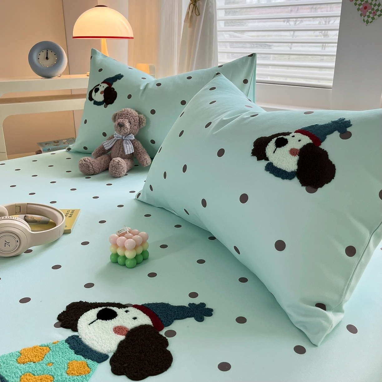 91家纺网 家纺一手货源 找家纺 其奥家纺 2026春夏新款纯棉全棉老粗布床笠印花凉席 欢乐狗-蓝黑点