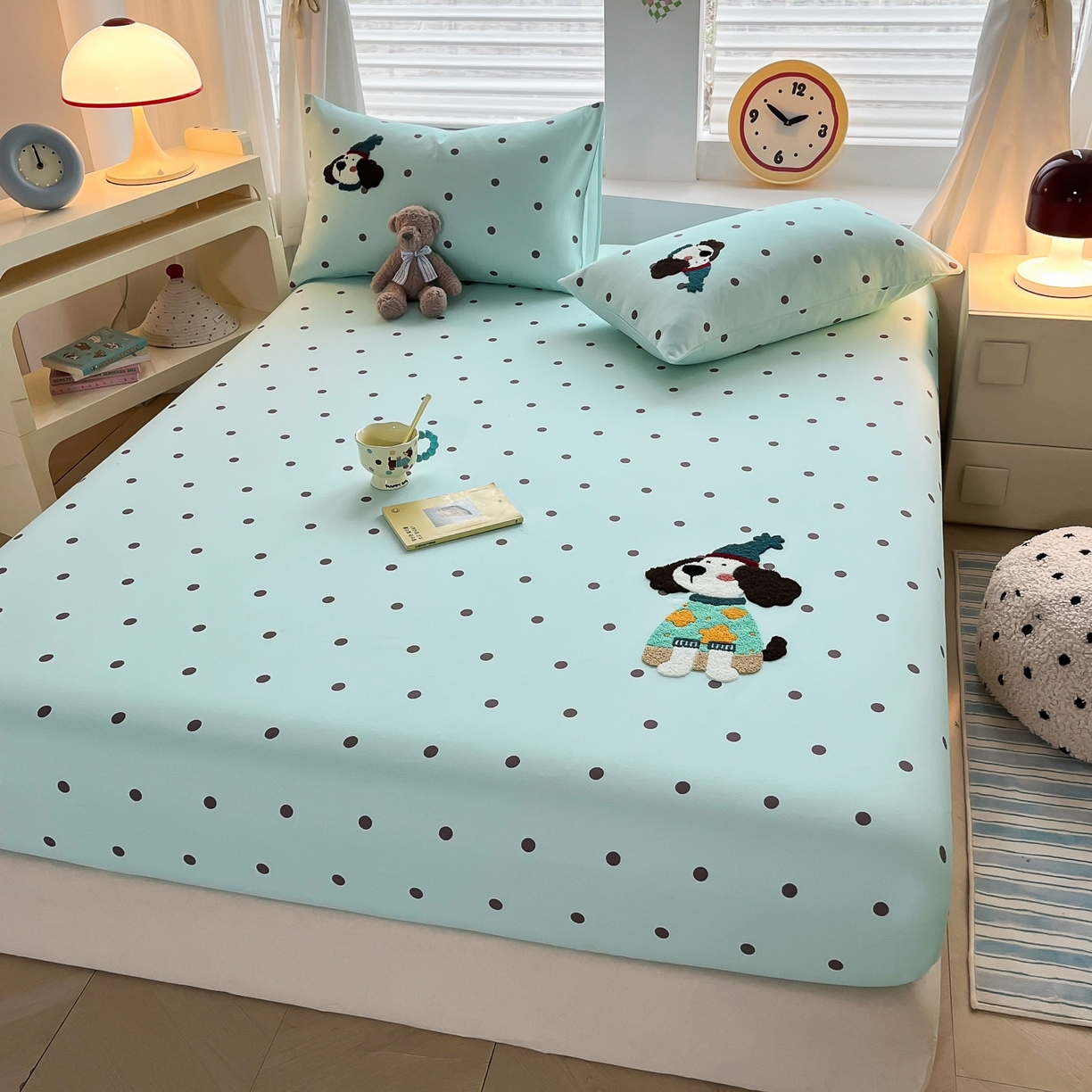 91家纺网 家纺一手货源 找家纺 其奥家纺 2026春夏新款纯棉全棉老粗布床笠印花凉席 欢乐狗-蓝黑点