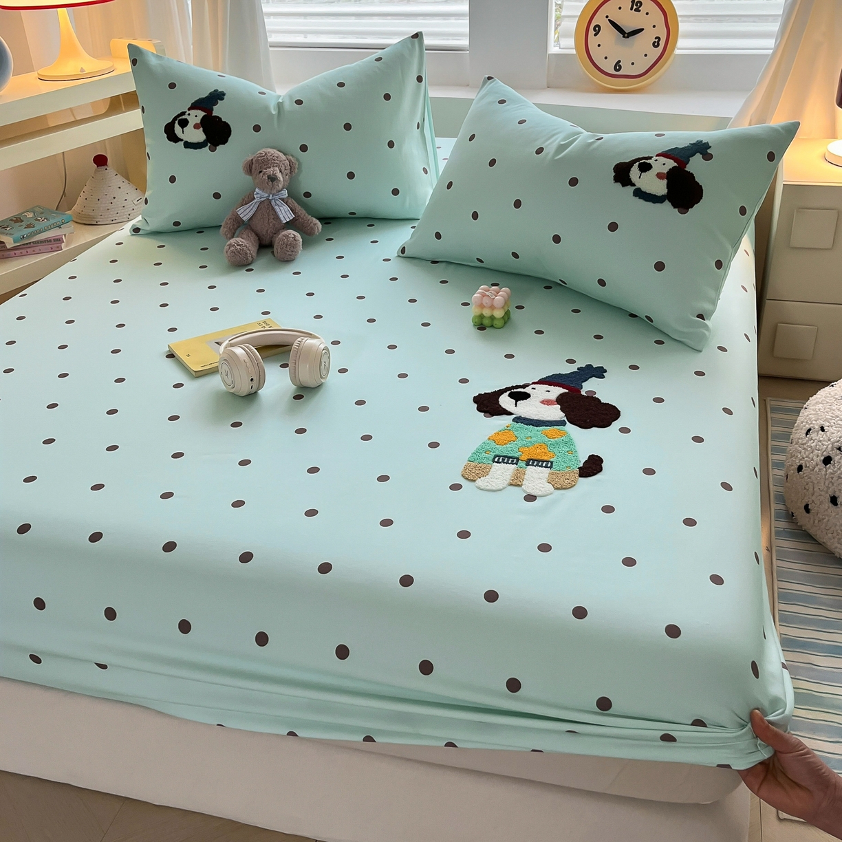 91家纺网 家纺一手货源 找家纺 其奥家纺 2026春夏新款纯棉全棉老粗布床笠印花凉席 欢乐狗-蓝黑点