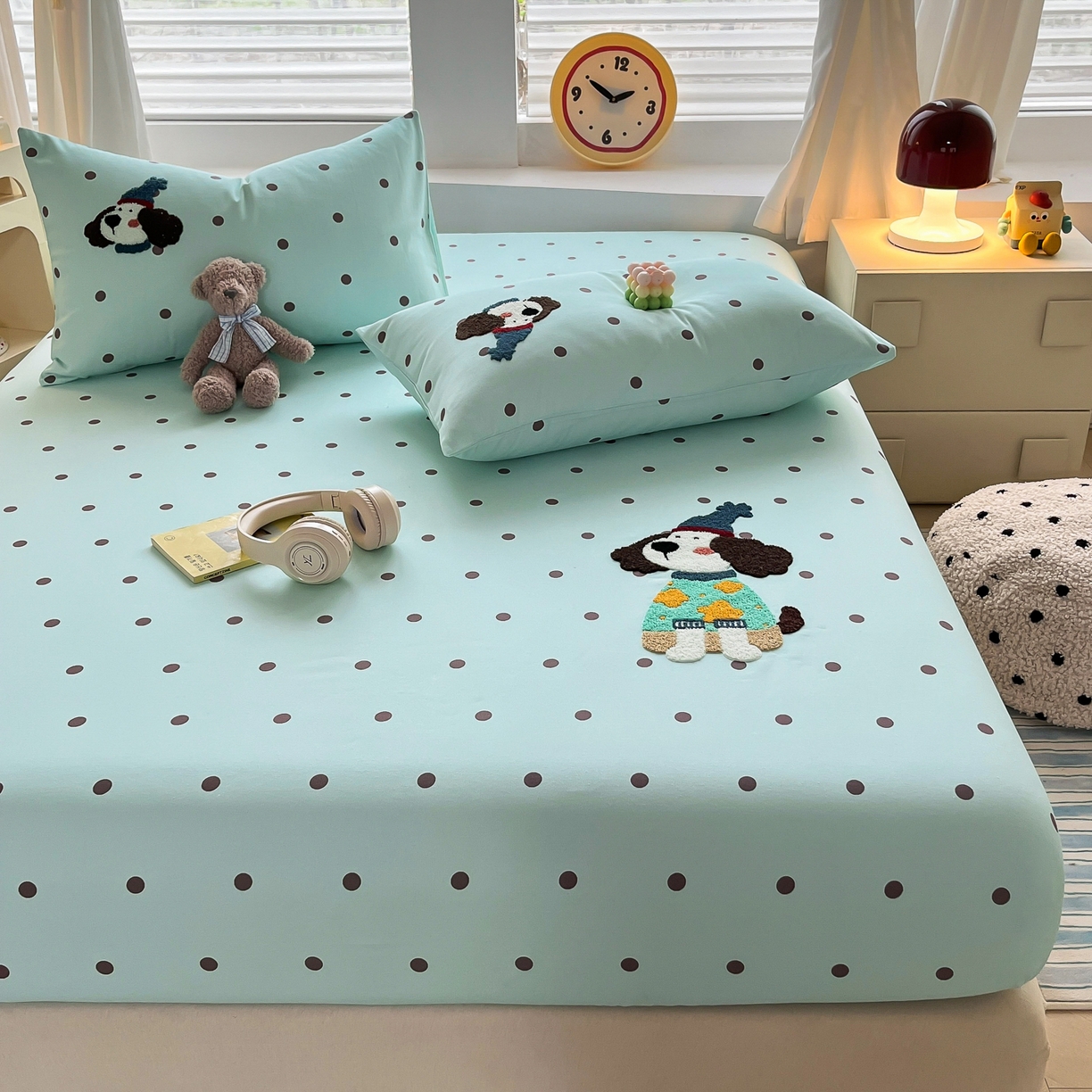 91家纺网 家纺一手货源 找家纺 其奥家纺 2026春夏新款纯棉全棉老粗布床笠印花凉席 欢乐狗-蓝黑点