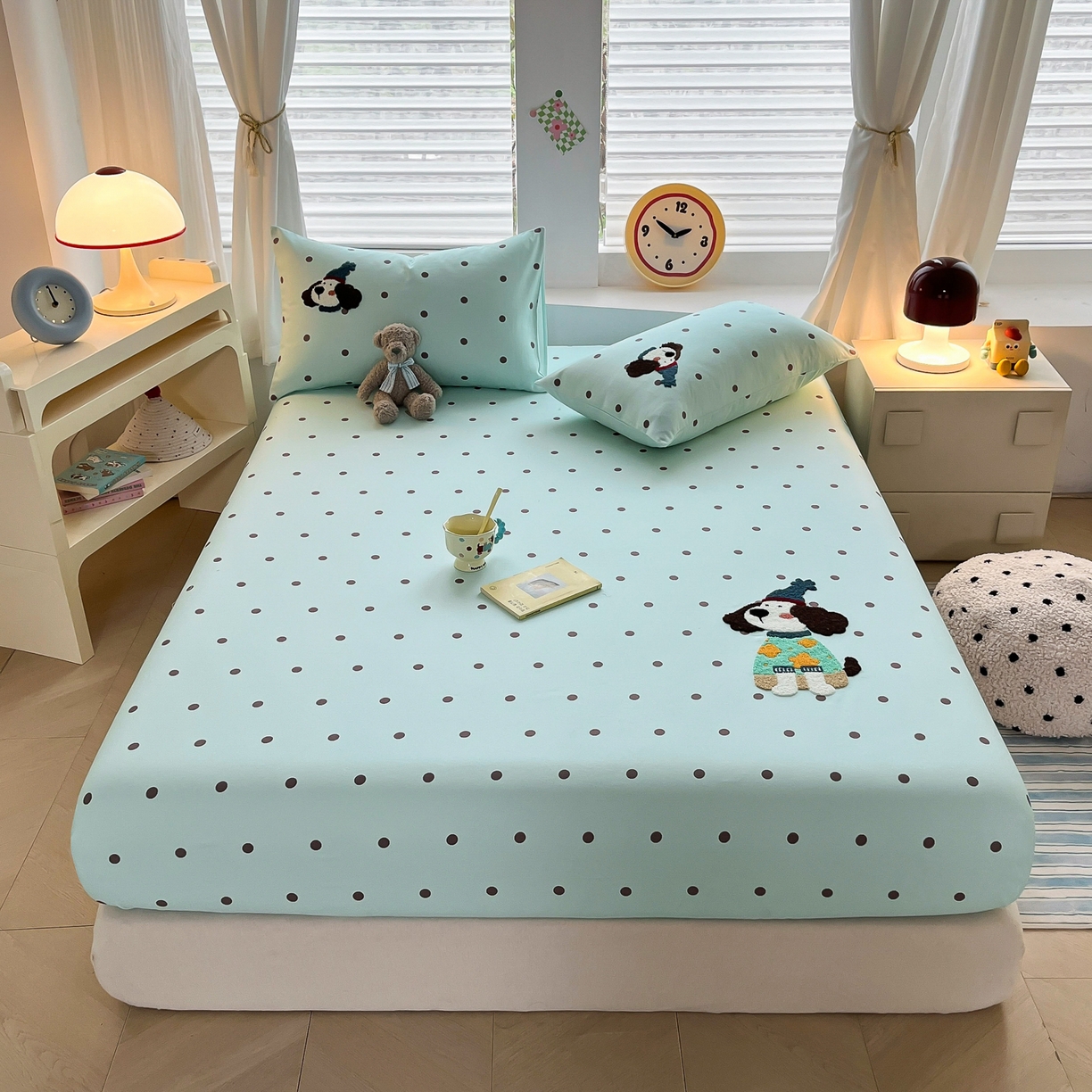 91家纺网 家纺一手货源 找家纺 其奥家纺 2026春夏新款纯棉全棉老粗布床笠印花凉席 欢乐狗-蓝黑点